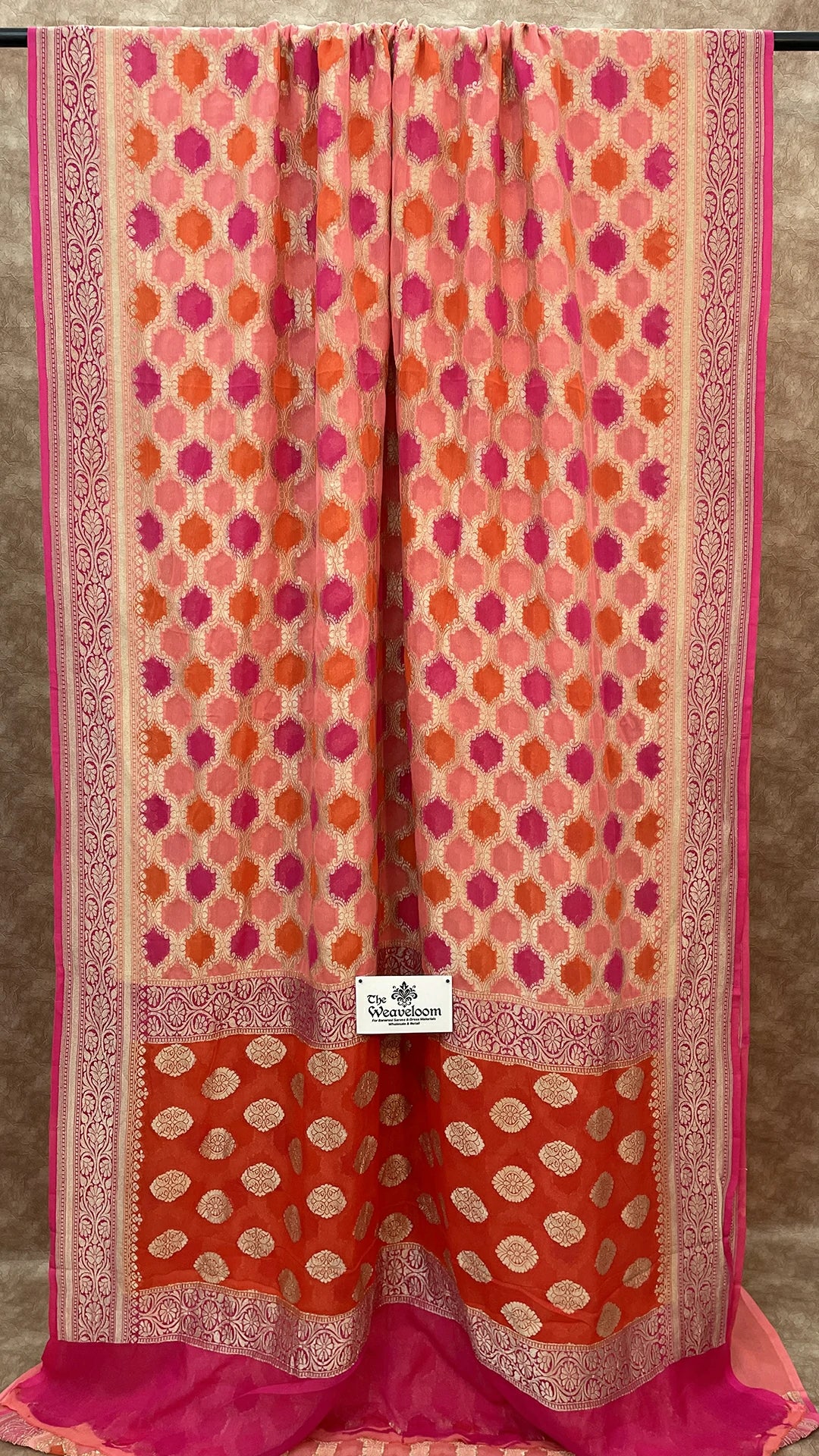 Rangkat Khaddi Georgette Pure Banarasi Saree in Blush Pink and Orange by The Weaveloom