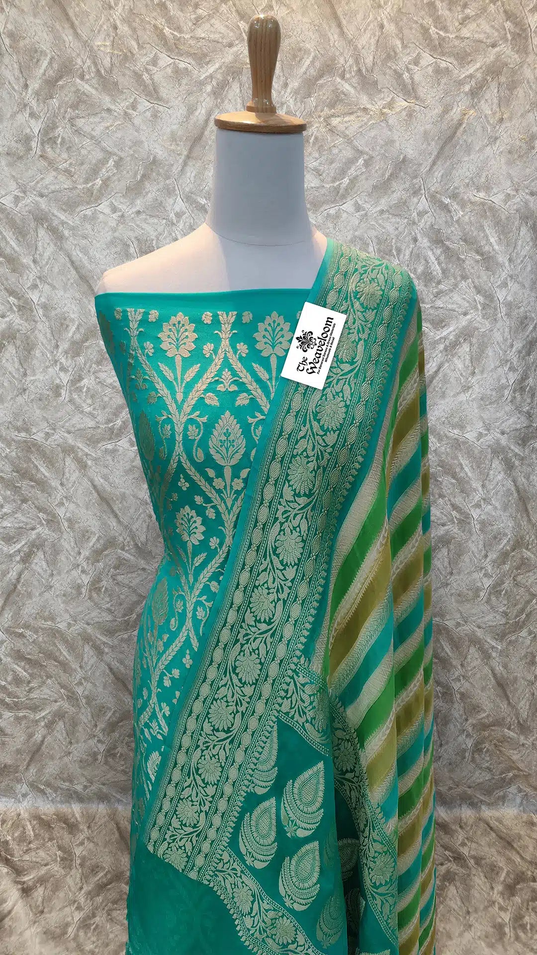 The Weaveloom Rangkat multicolor khaddi georgette dress material with gold zari salwar suit and dupatta
