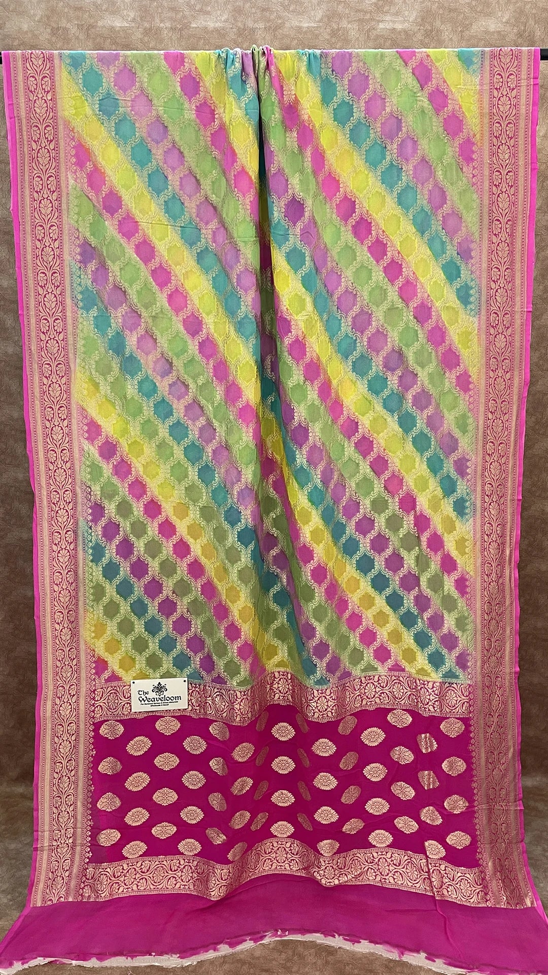 Rangkat Multicolor Pure Banarasi Saree by The Weaveloom with Water Zari and Floral Jaal Work