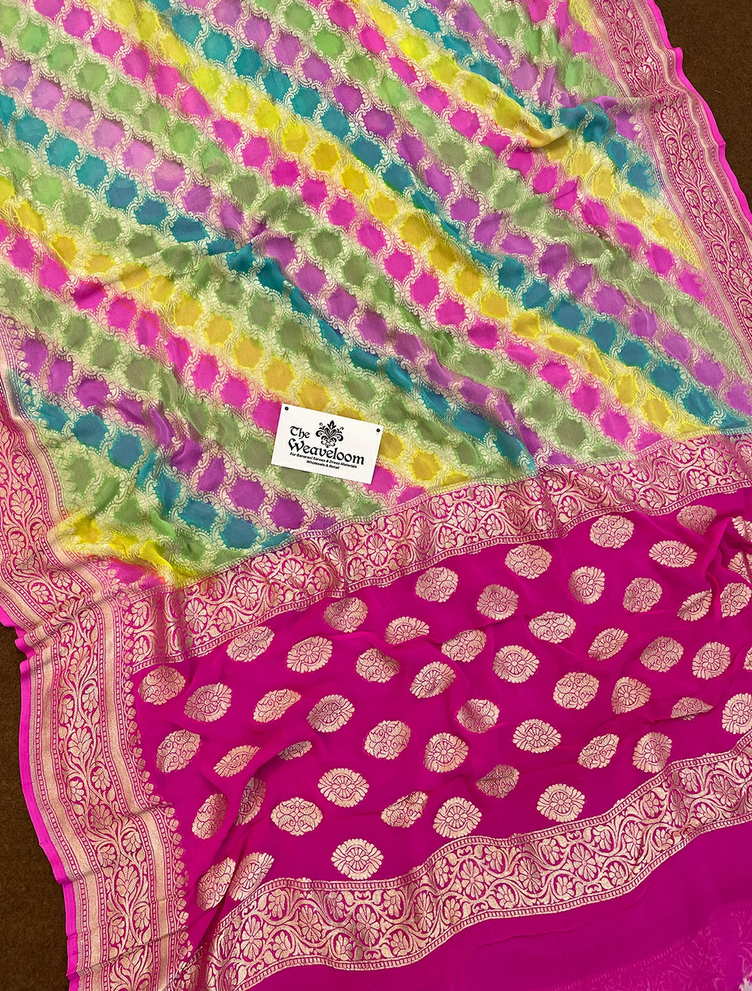 Rangkat Multicolor Pure Banarasi Saree by The Weaveloom with Water Zari and Floral Jaal Work