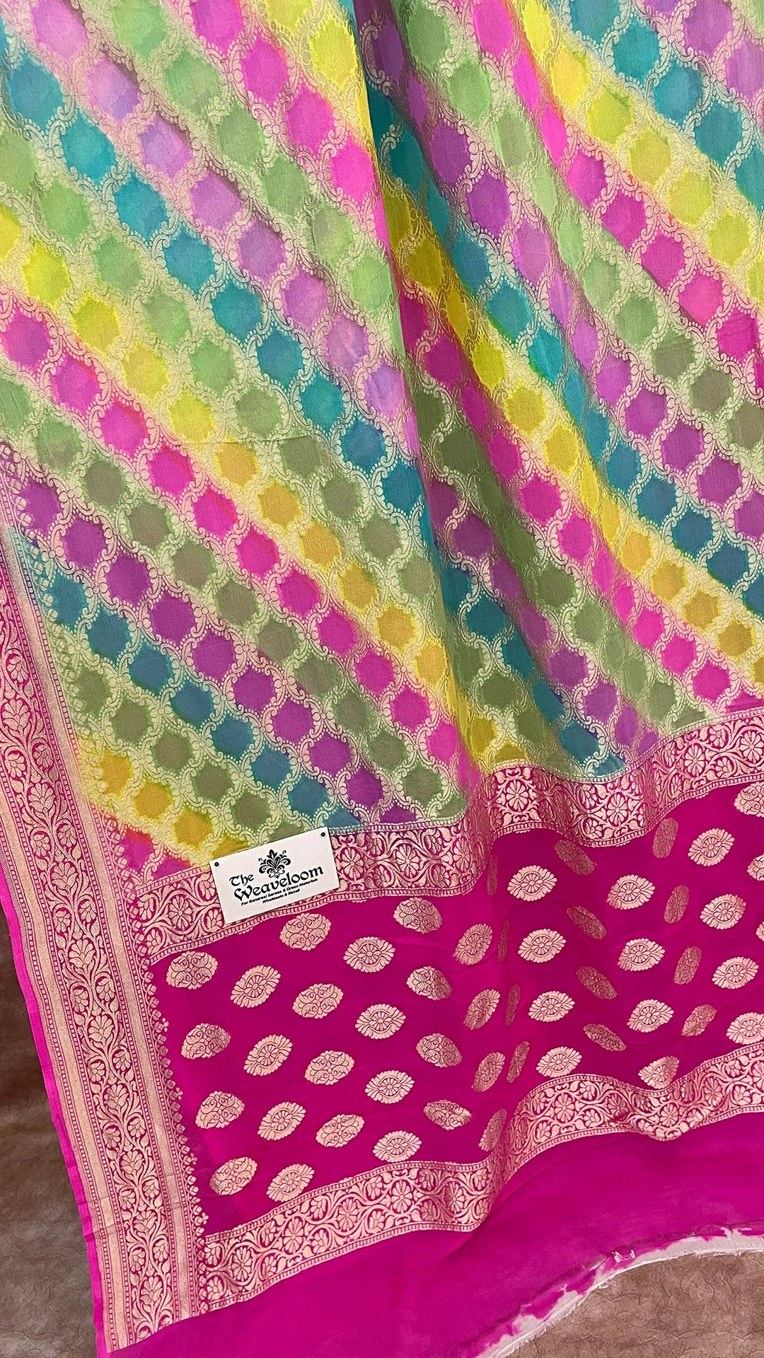 Rangkat Multicolor Pure Banarasi Saree by The Weaveloom with Water Zari and Floral Jaal Work
