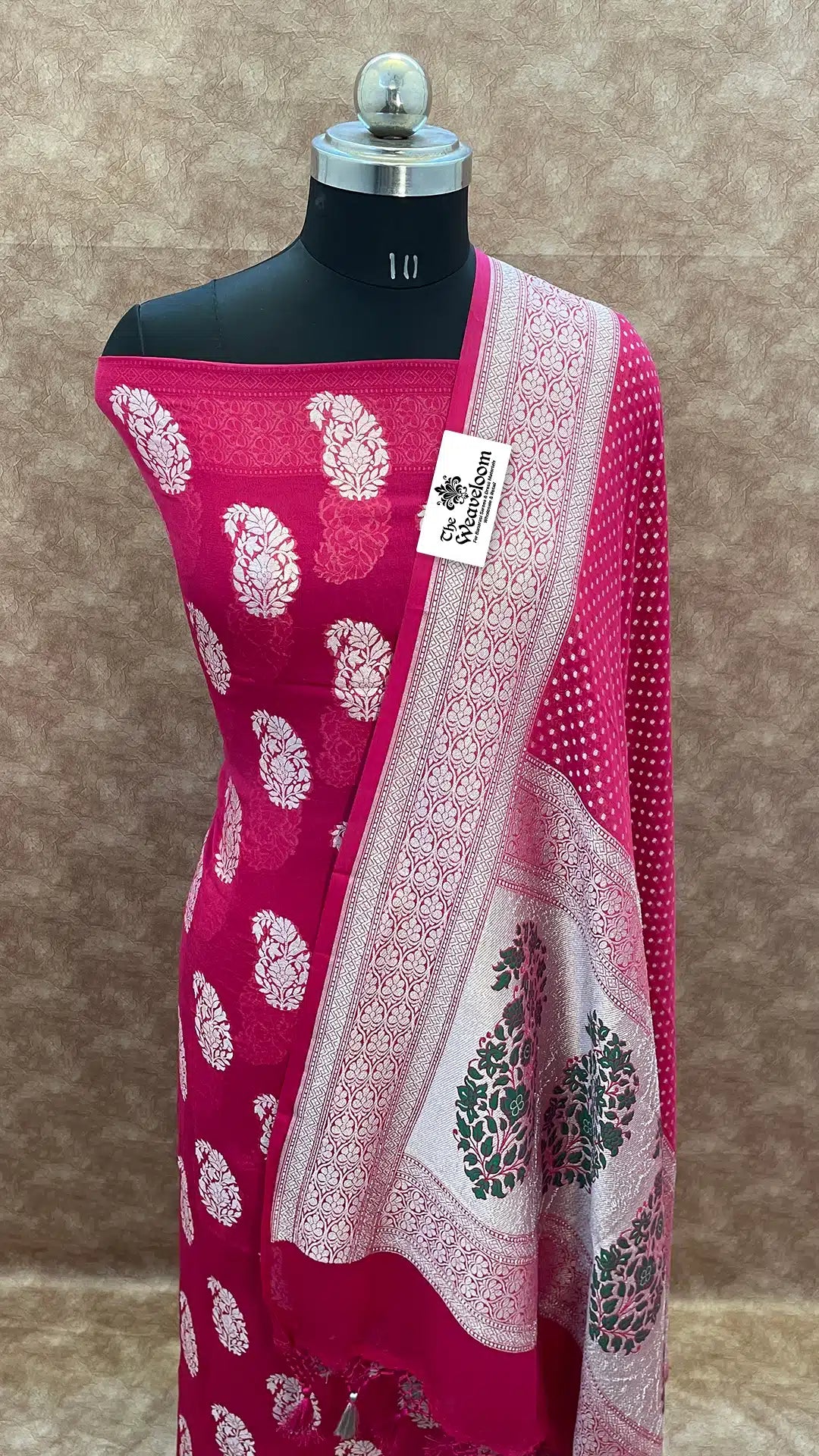 The Weaveloom rani pink Khaddi Georgette unstitched dress material with Meenakari dupatta – salwar suit fabric set for festive wear