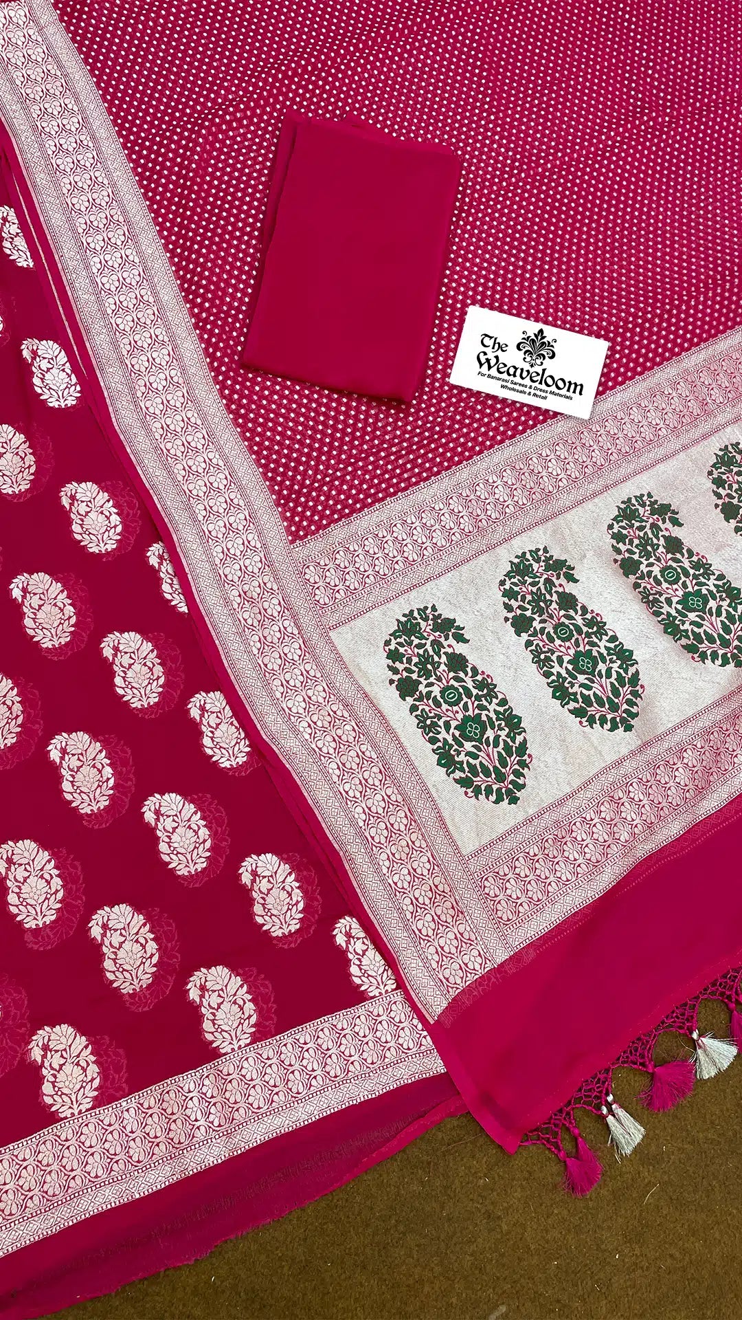 The Weaveloom rani pink Khaddi Georgette unstitched dress material with Meenakari dupatta – salwar suit fabric set for festive wear