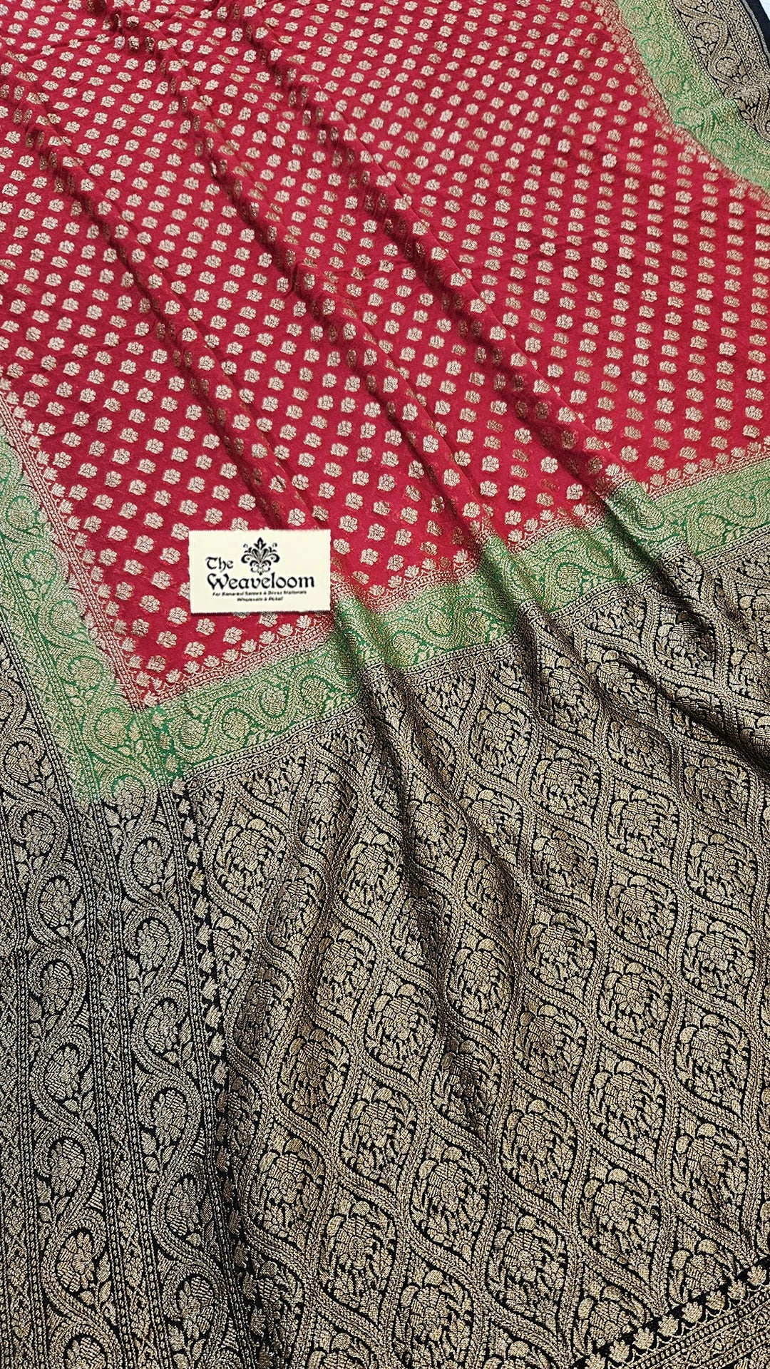 Red Khaddi Georgette Pure Banarasi Saree Antique Zari – The Weaveloom