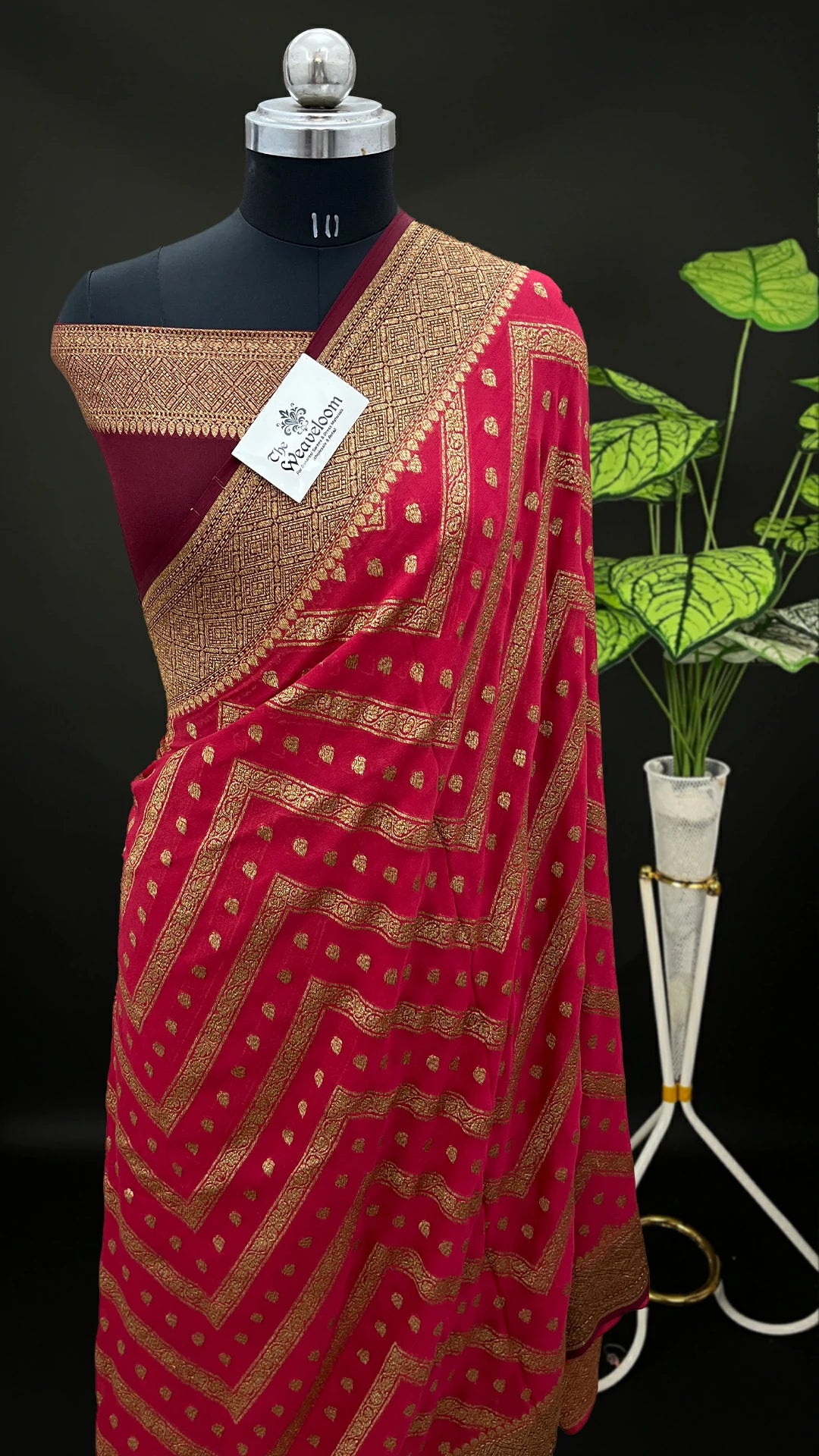 Red Khaddi Georgette Pure Banarasi Saree with Antique Zari Border by The Weaveloom