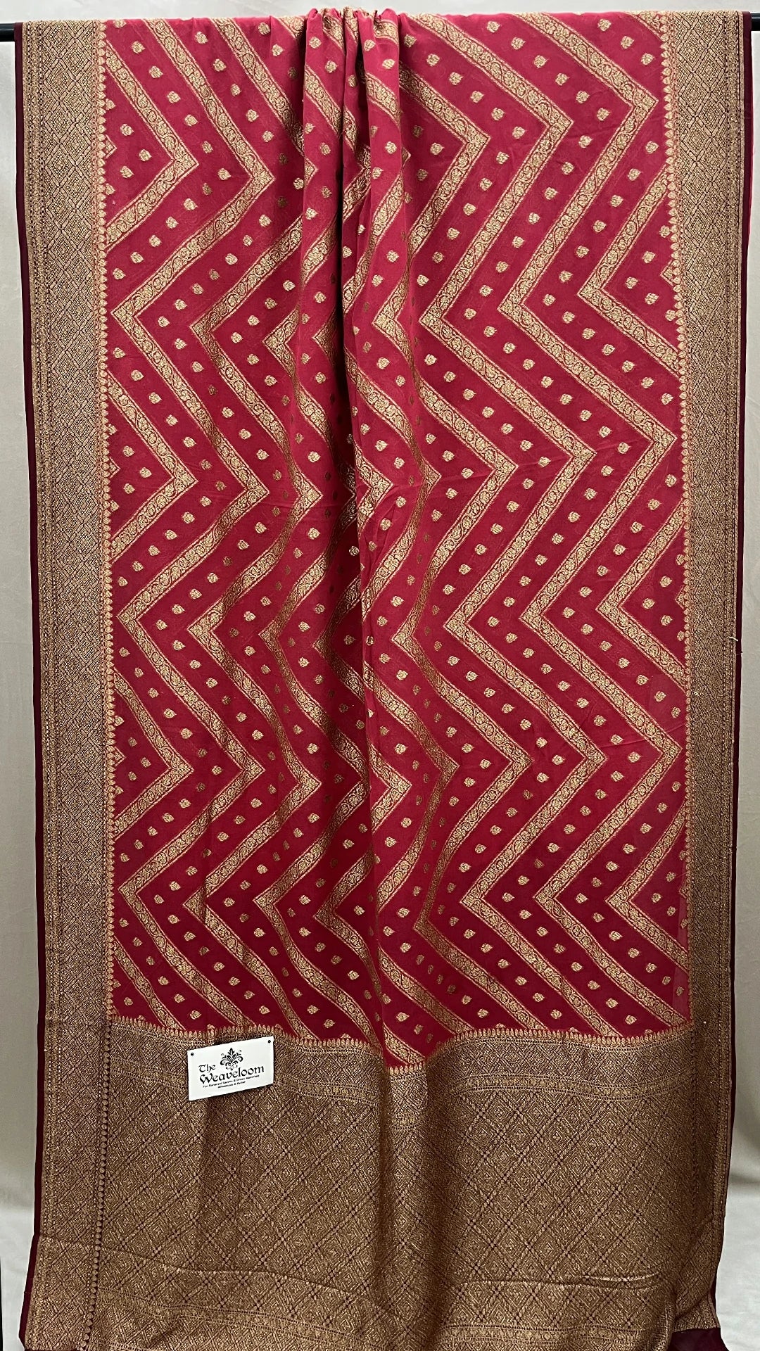 Red Khaddi Georgette Pure Banarasi Saree with Antique Zari Border by The Weaveloom
