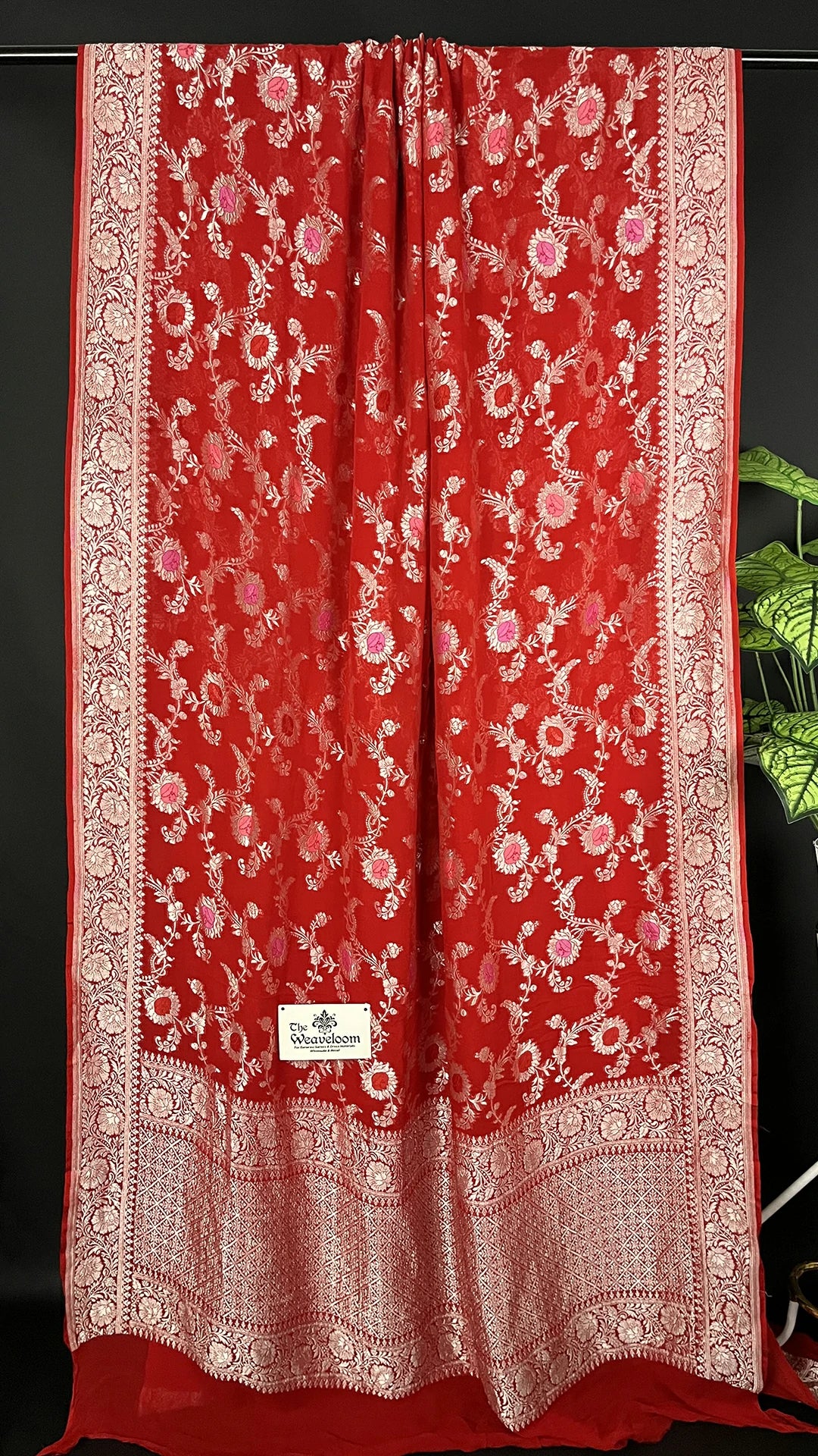 Red Pure Khaddi Georgette Banarasi Saree Silver Zari with Meenakari by The Weaveloom