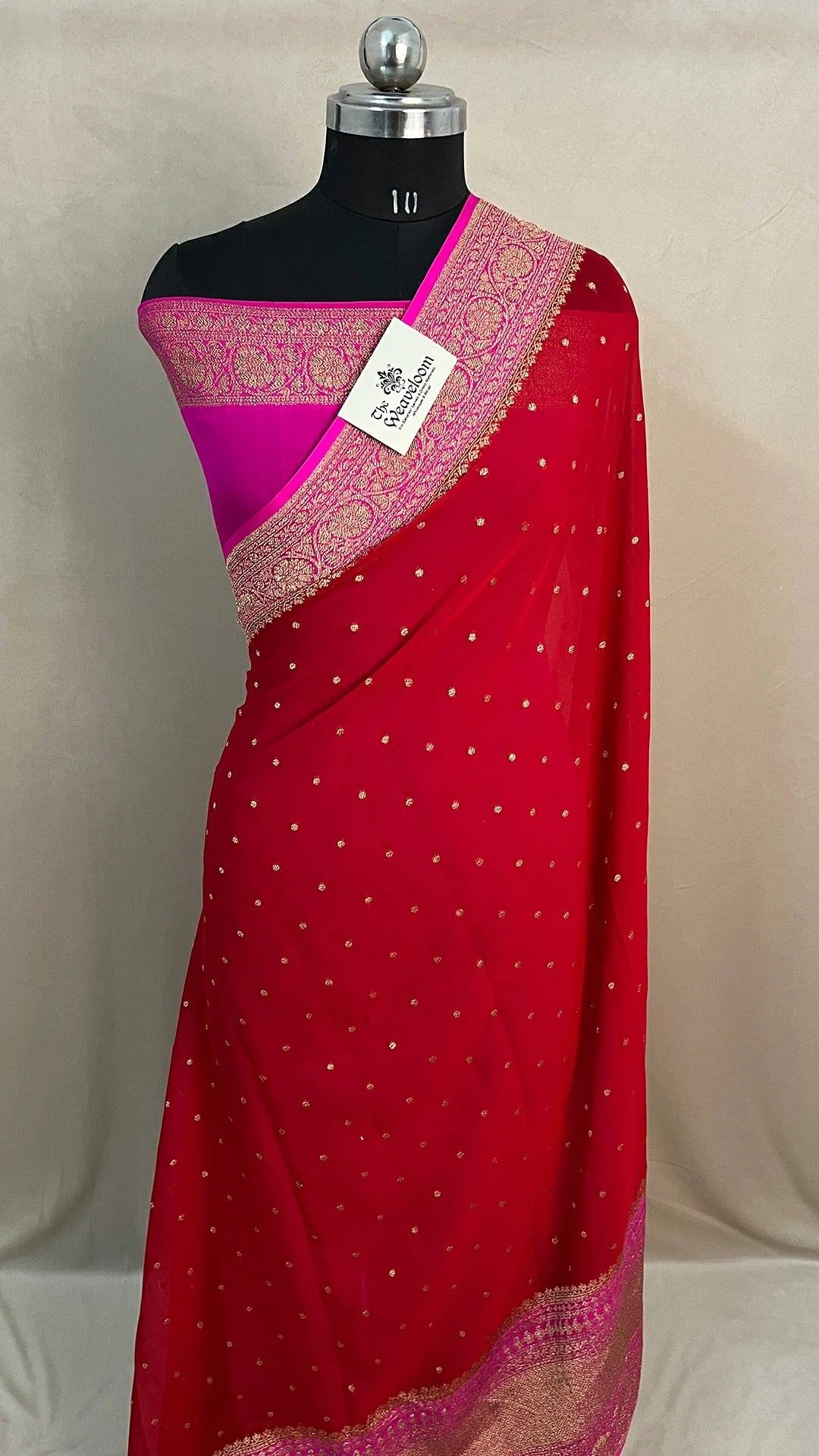 Red Pure Khaddi Georgette Banarasi Saree With Antique Zari & Dani Buti Motifs by The Weaveloom