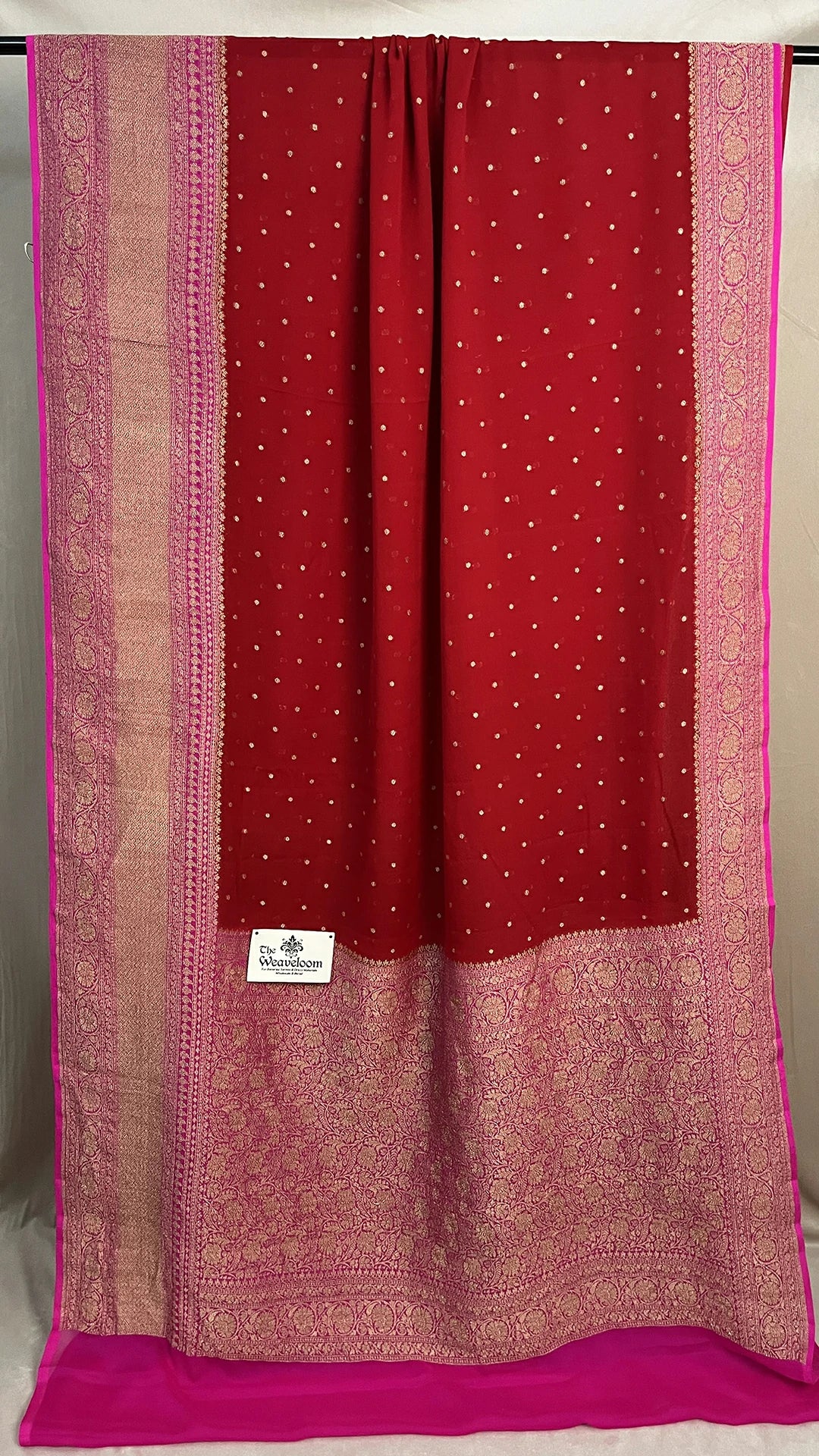 Red Pure Khaddi Georgette Banarasi Saree With Antique Zari & Dani Buti Motifs by The Weaveloom