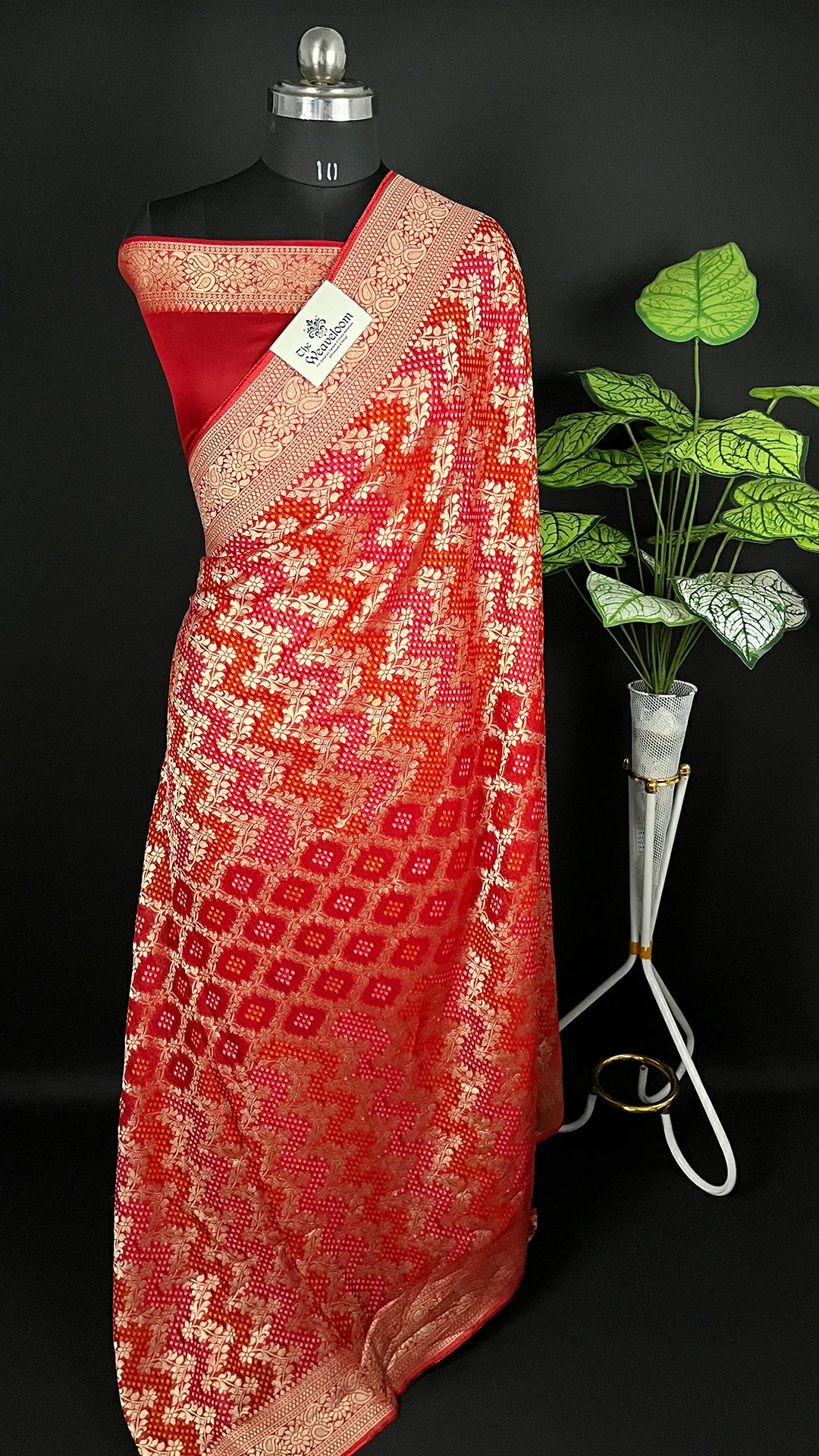 Red Viscose Georgette Pure Banarasi Saree with Bandhej Meenakari by The Weaveloom