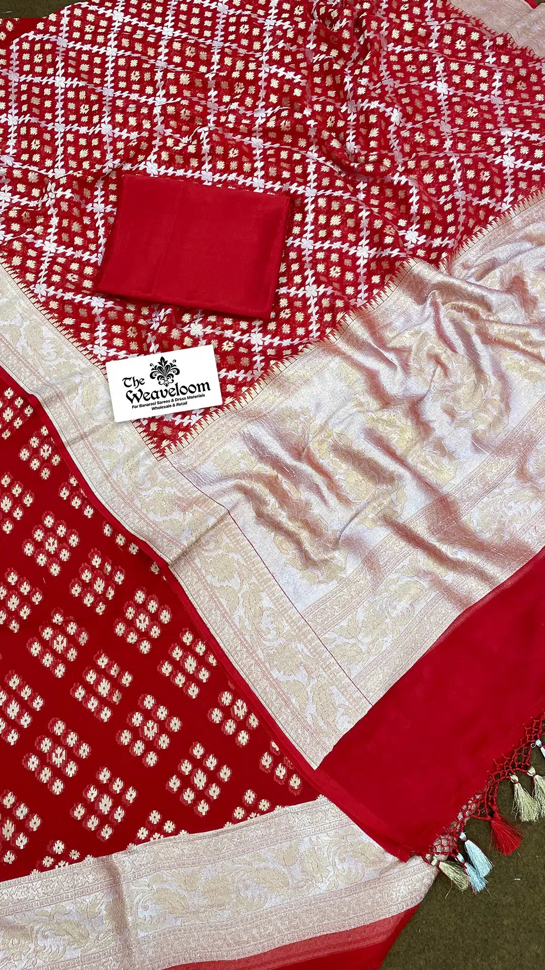 The Weaveloom red khaddi georgette dress material with Sona Rupa zari and Banarasi dupatta