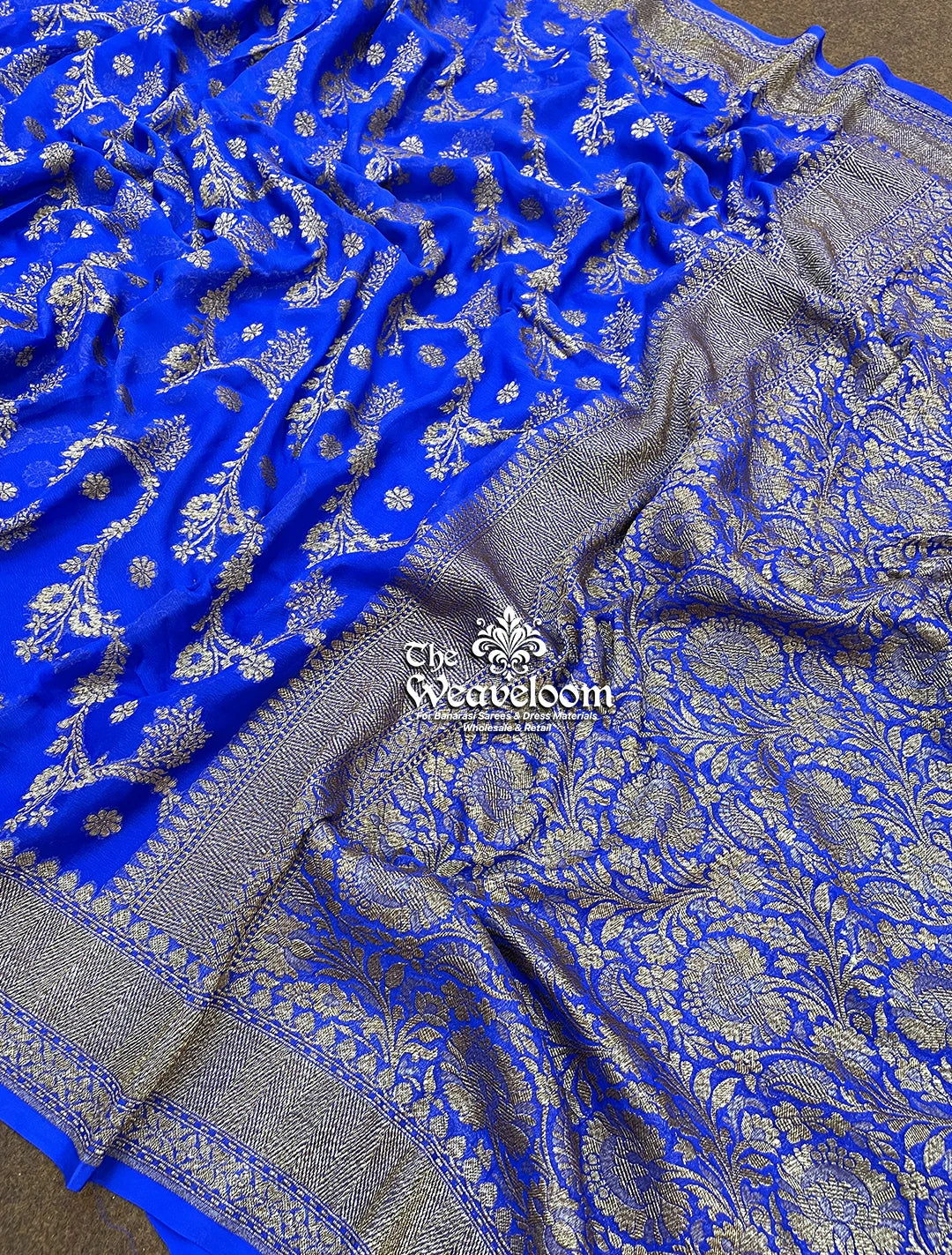 Royal Blue Khaddi Georgette Pure Banarasi Saree with Antique Zari - The Weaveloom