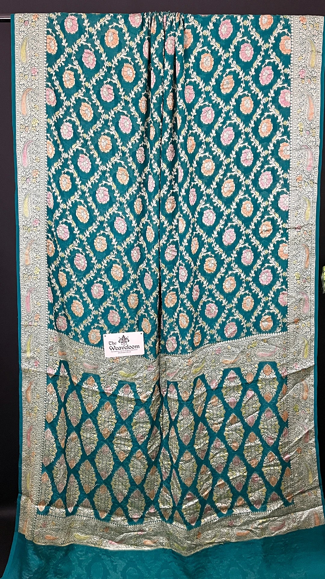 Sapphire Green Crepe Georgette Pure Banarasi Saree Floral Jaal Paisley Zari Border with Running Blouse - The Weaveloom