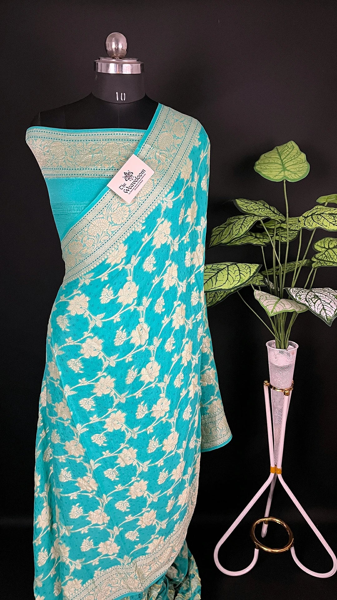 Sea Green Pure Crepe Georgette Banarasi Saree with Meenakari Work by The Weaveloom