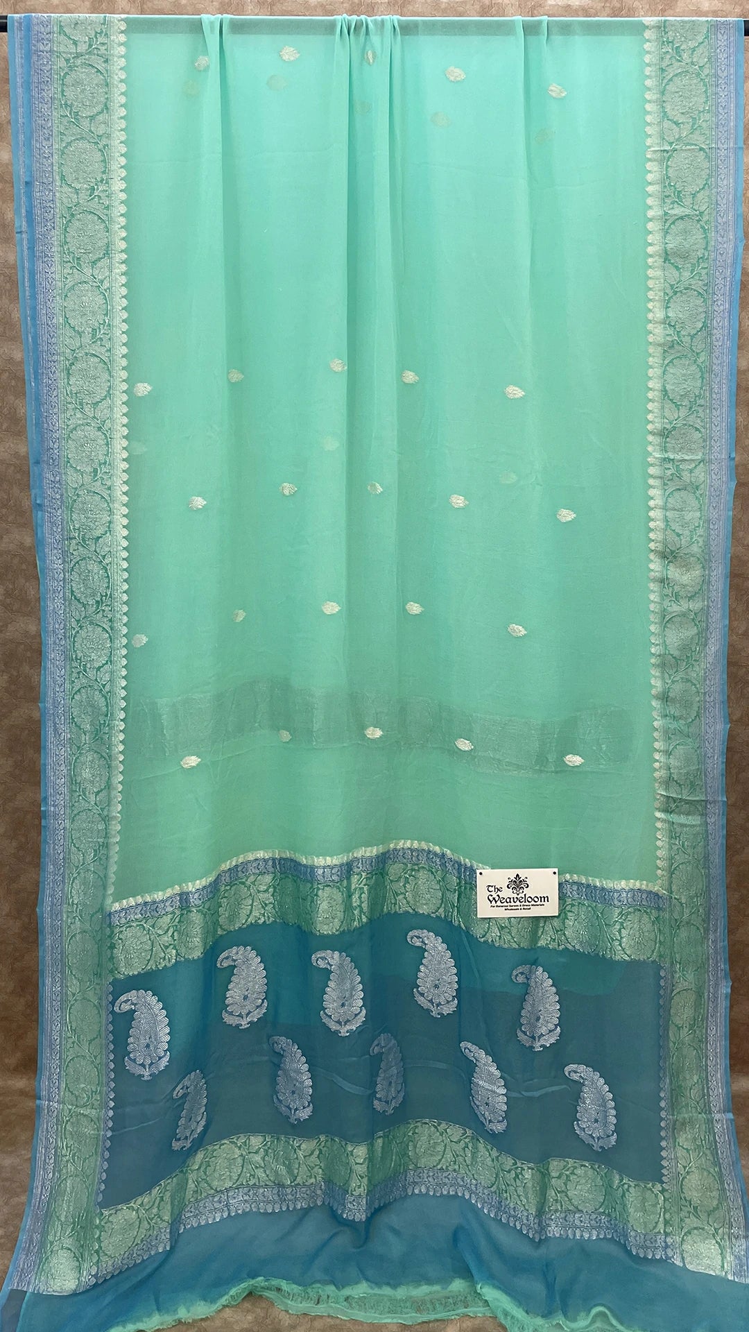 Sea Green Pure Khaddi Georgette Handloom Kadwa Banarasi Saree by The Weaveloom