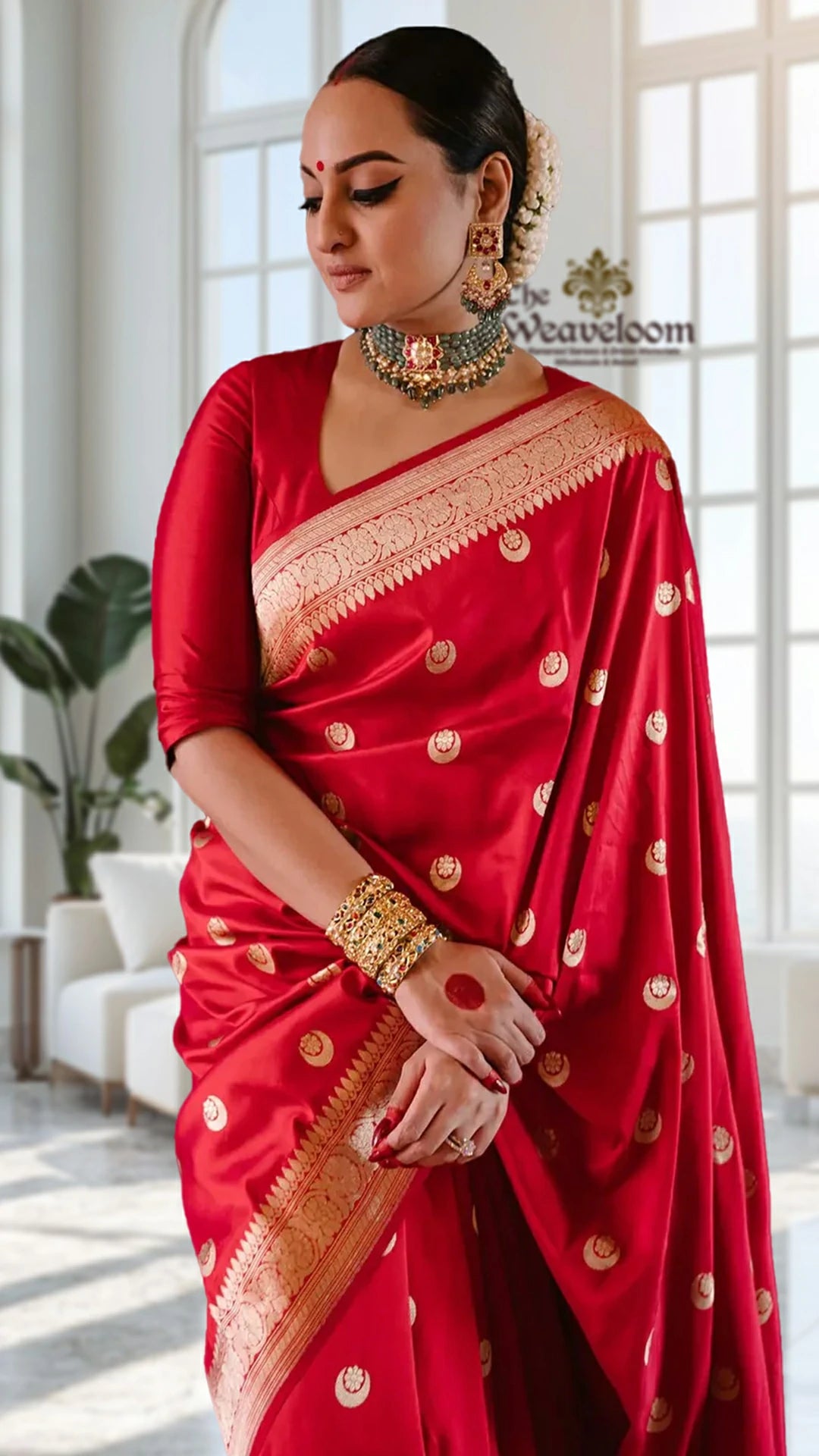 Sonakshi Sinha Inspired Red Pure Katan Silk Chand Tara Banarasi Saree by The Weaveloom with golden zari border and rich pallu