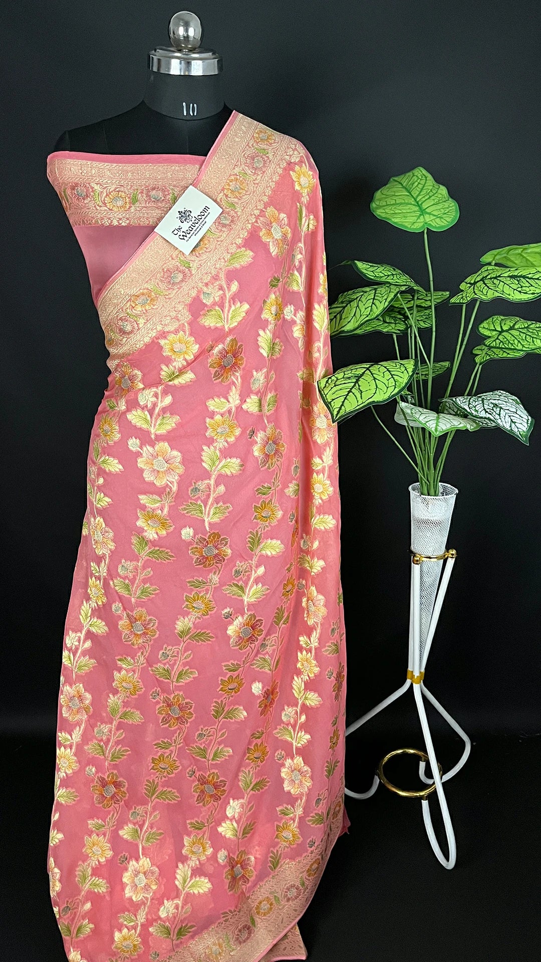 Strawberry Pink Viscose Georgette Saree with Floral Handbrush Work – The Weaveloom