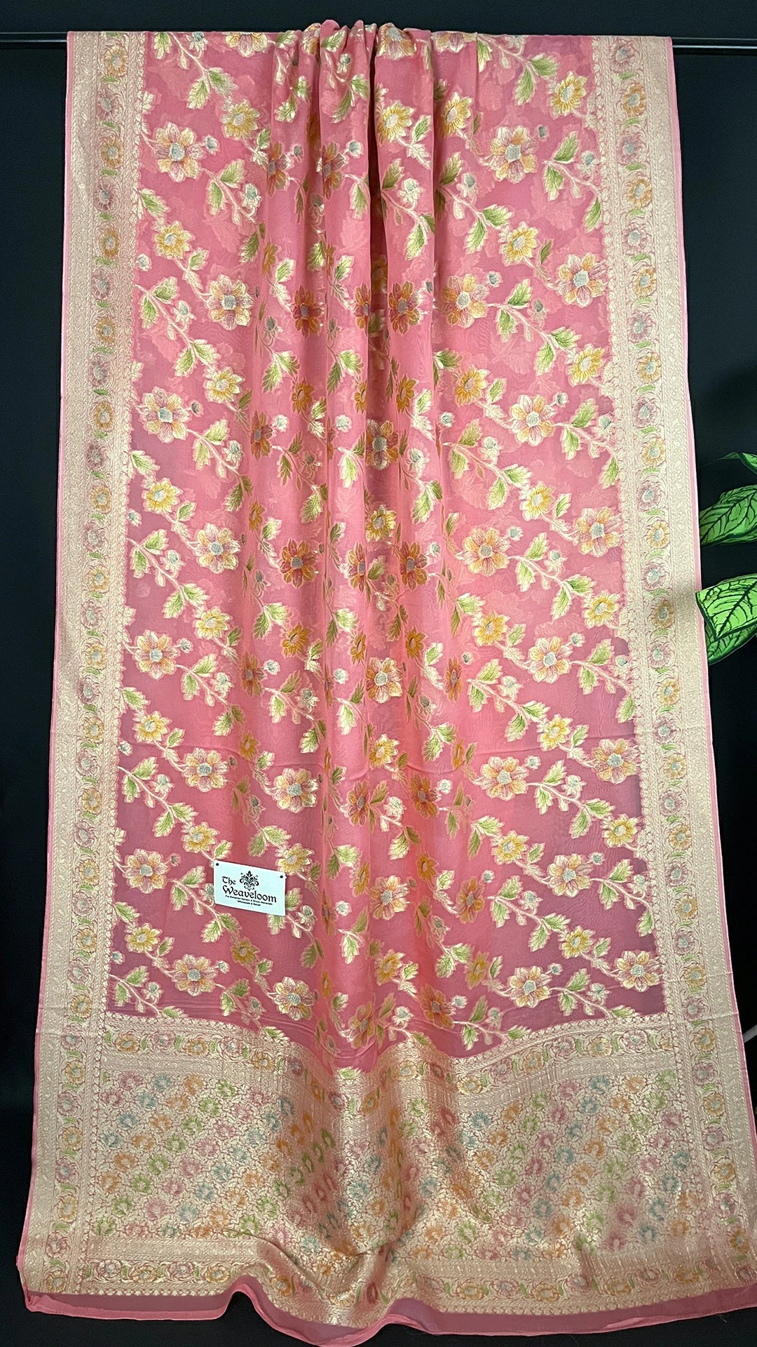 Strawberry Pink Viscose Georgette Saree with Floral Handbrush Work – The Weaveloom