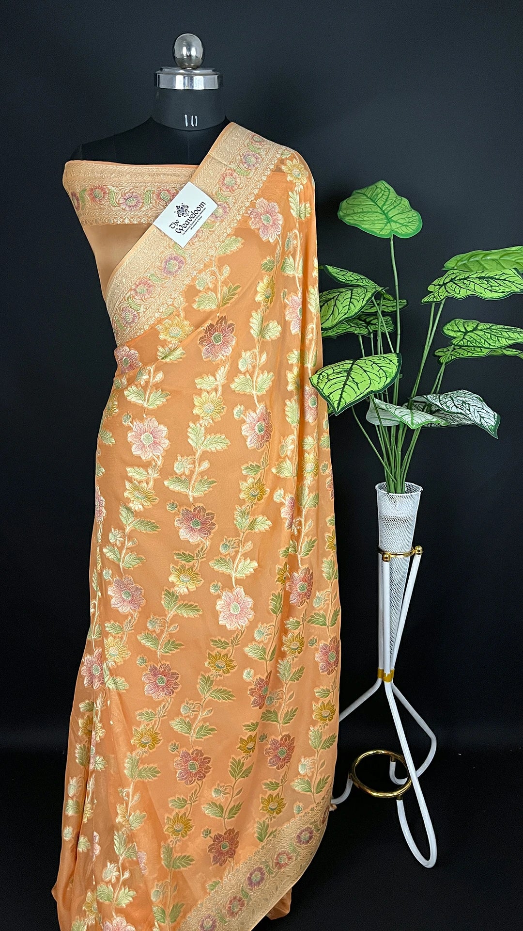 The Weaveloom Peach Pure Viscose Georgette Saree with Hand Brush Work, Golden Zari Border, Running Blouse, Colour Customization
