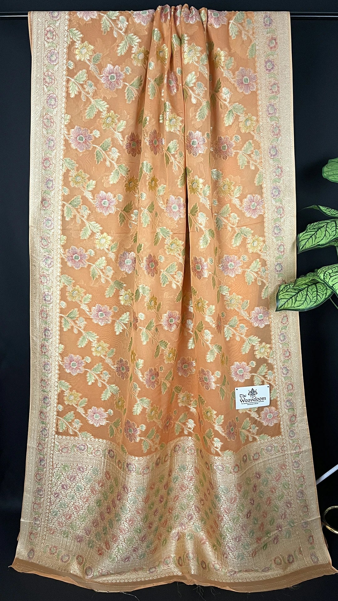 The Weaveloom Peach Pure Viscose Georgette Saree with Hand Brush Work, Golden Zari Border, Running Blouse, Colour Customization