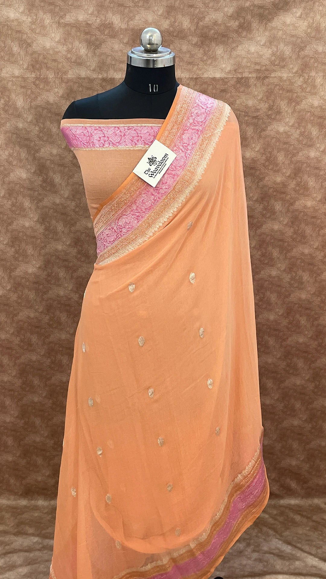 The Weaveloom Peach Khaddi Georgette Handloom Kadwa Banarasi Saree with Silver Zari