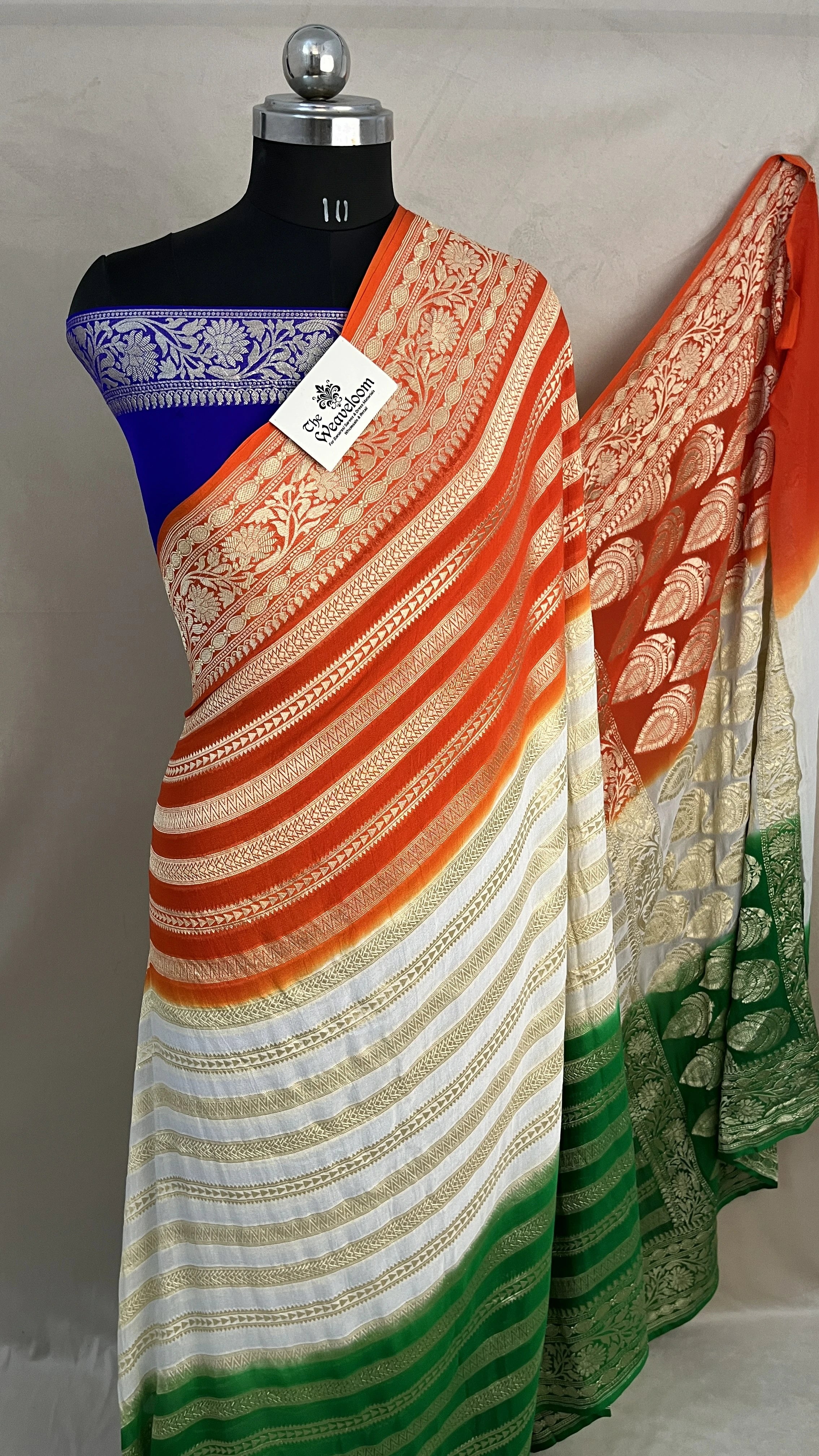 Tiranga Saree For Independence Day Pure Khaddi Georgette Banarasi Saree with Orange White Green Zari