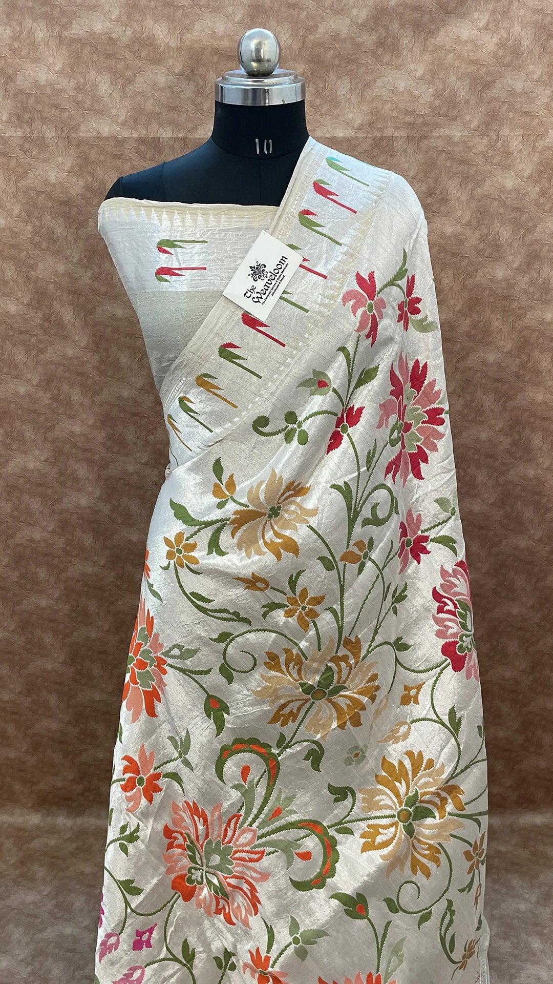 White Natural Tussar Color Pure Tussar Georgette Banarasi Saree With Meenakari Work The Weaveloom
