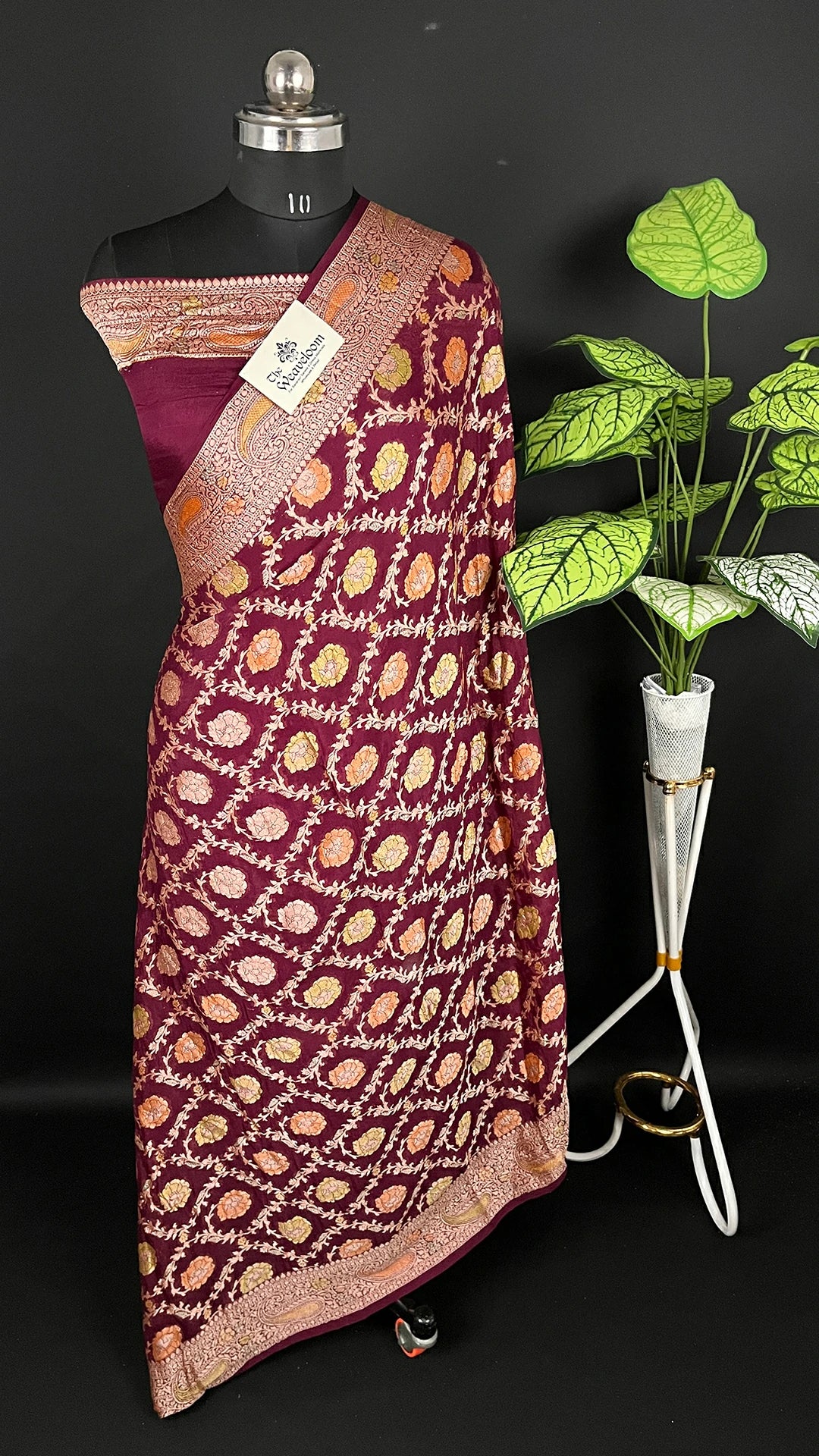 Wine Crepe Georgette Pure Banarasi Saree Handbrush Floral Jaal The Weaveloom