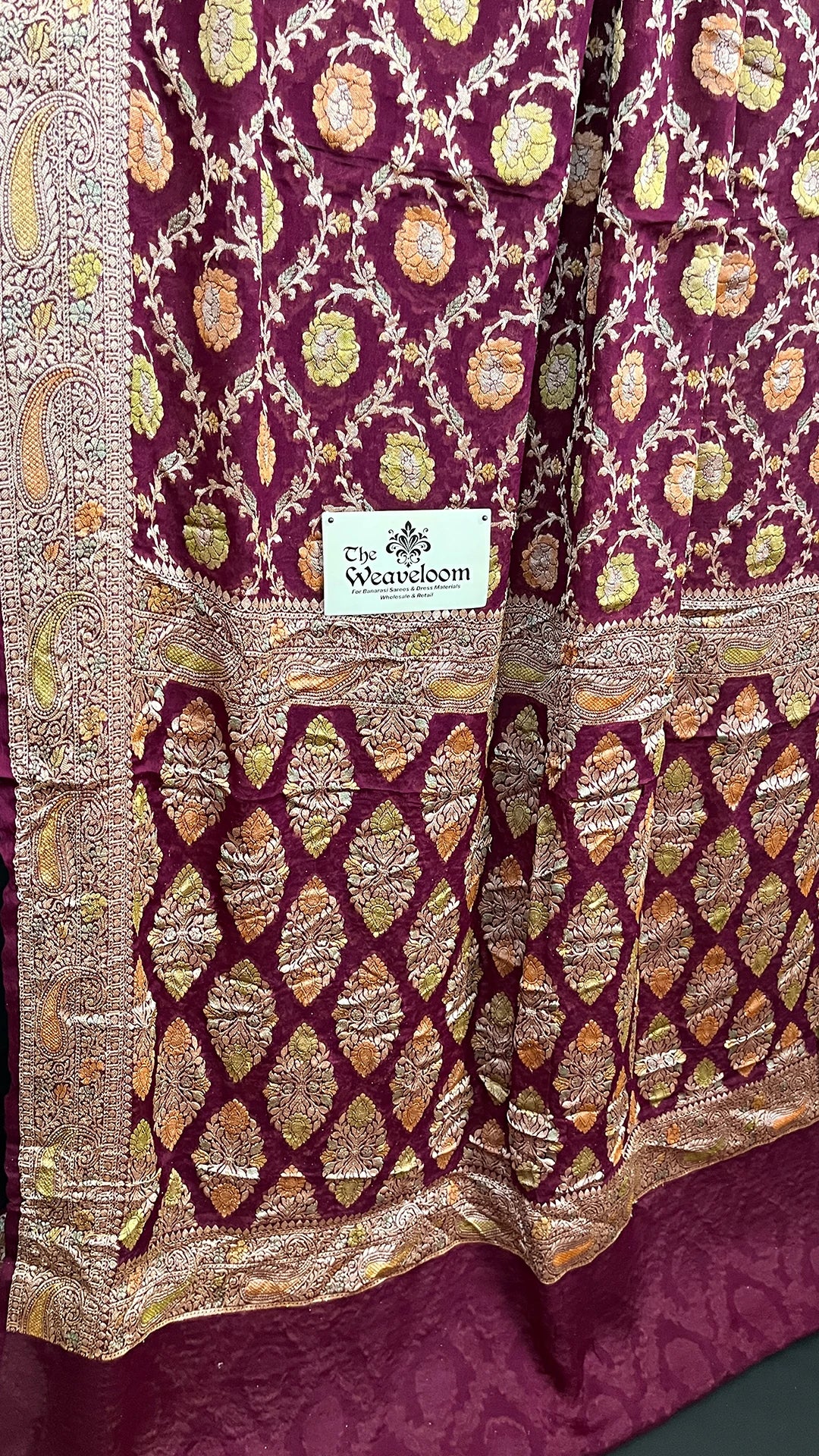 Wine Crepe Georgette Pure Banarasi Saree Handbrush Floral Jaal The Weaveloom