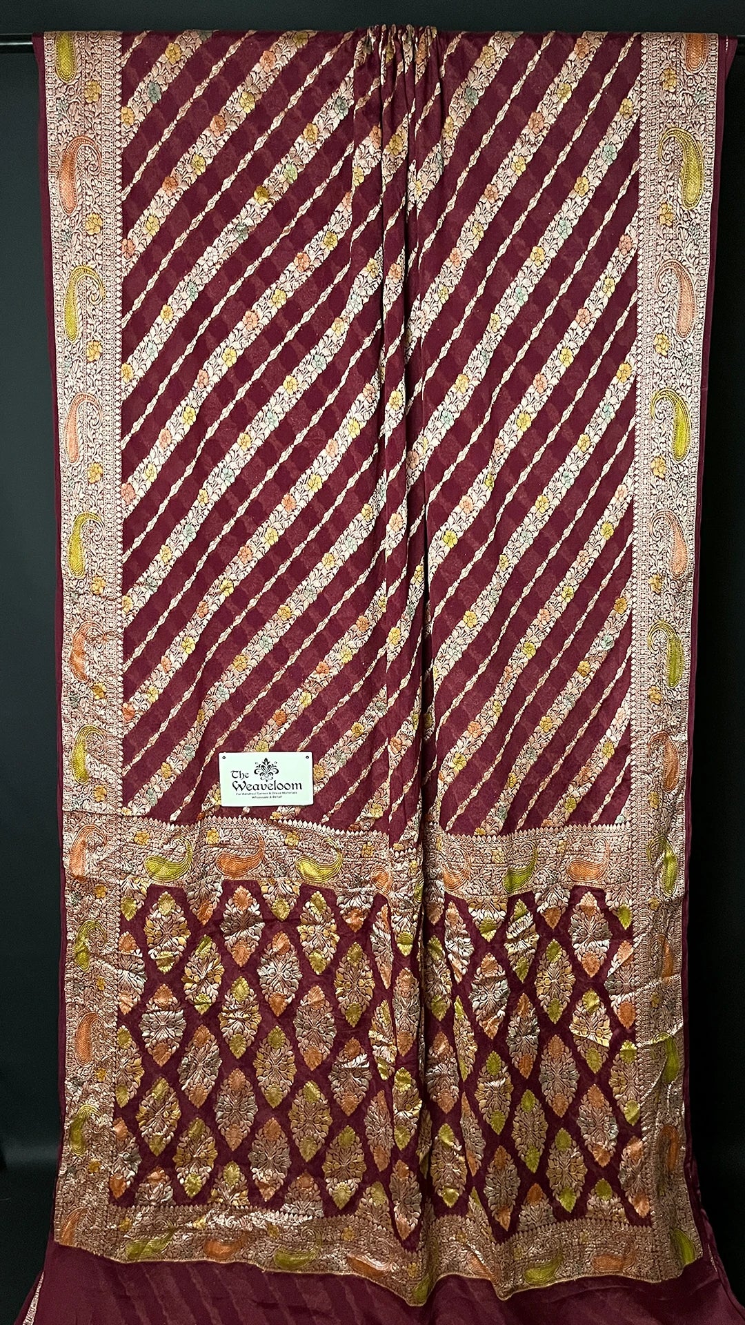 Wine Crepe Georgette Pure Banarasi Saree Handbrush Zari Stripes - The Weaveloom