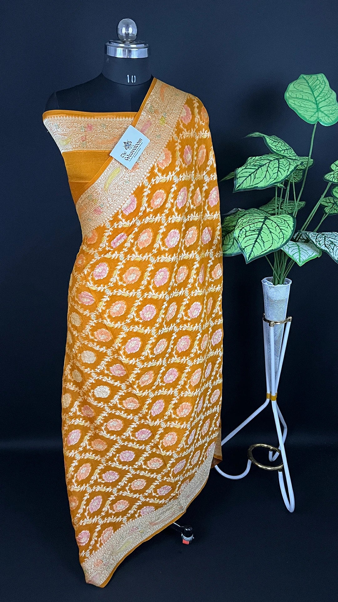 Yellow Crepe Georgette Pure Banarasi Saree Handbrush Zari Floral Motif The Weaveloom