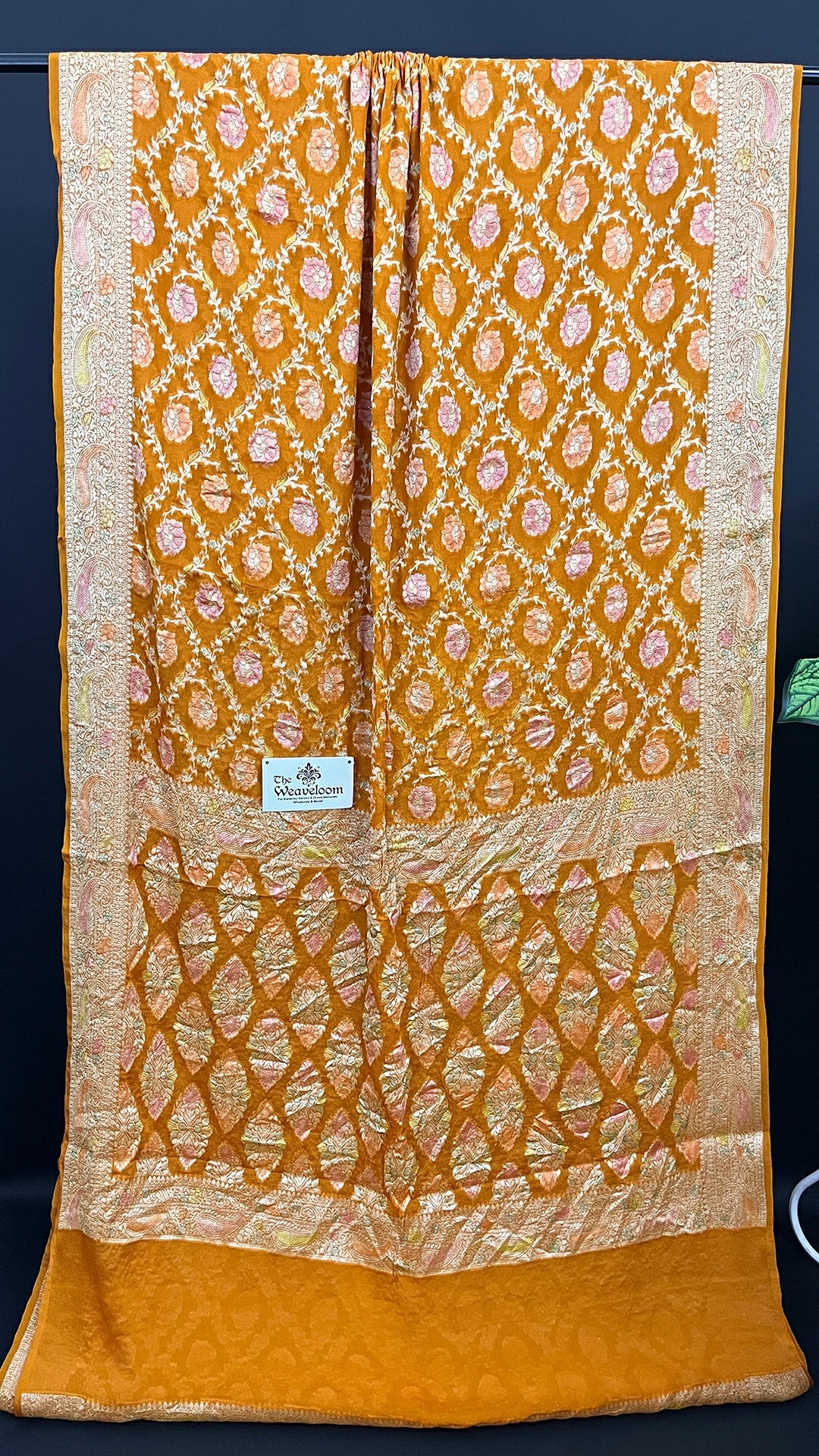 Yellow Crepe Georgette Pure Banarasi Saree Handbrush Zari Floral Motif The Weaveloom