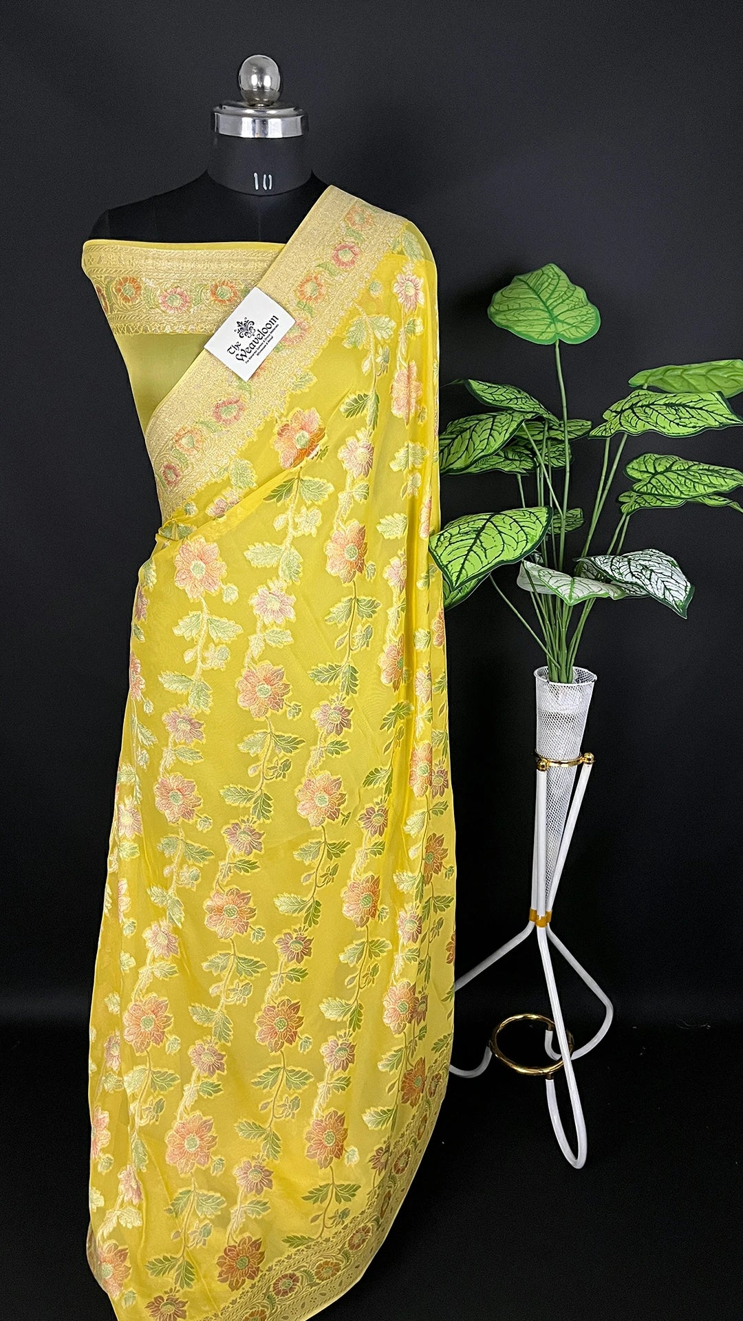 Yellow Pure Viscose Georgette Saree with Handbrush Work by The Weaveloom
