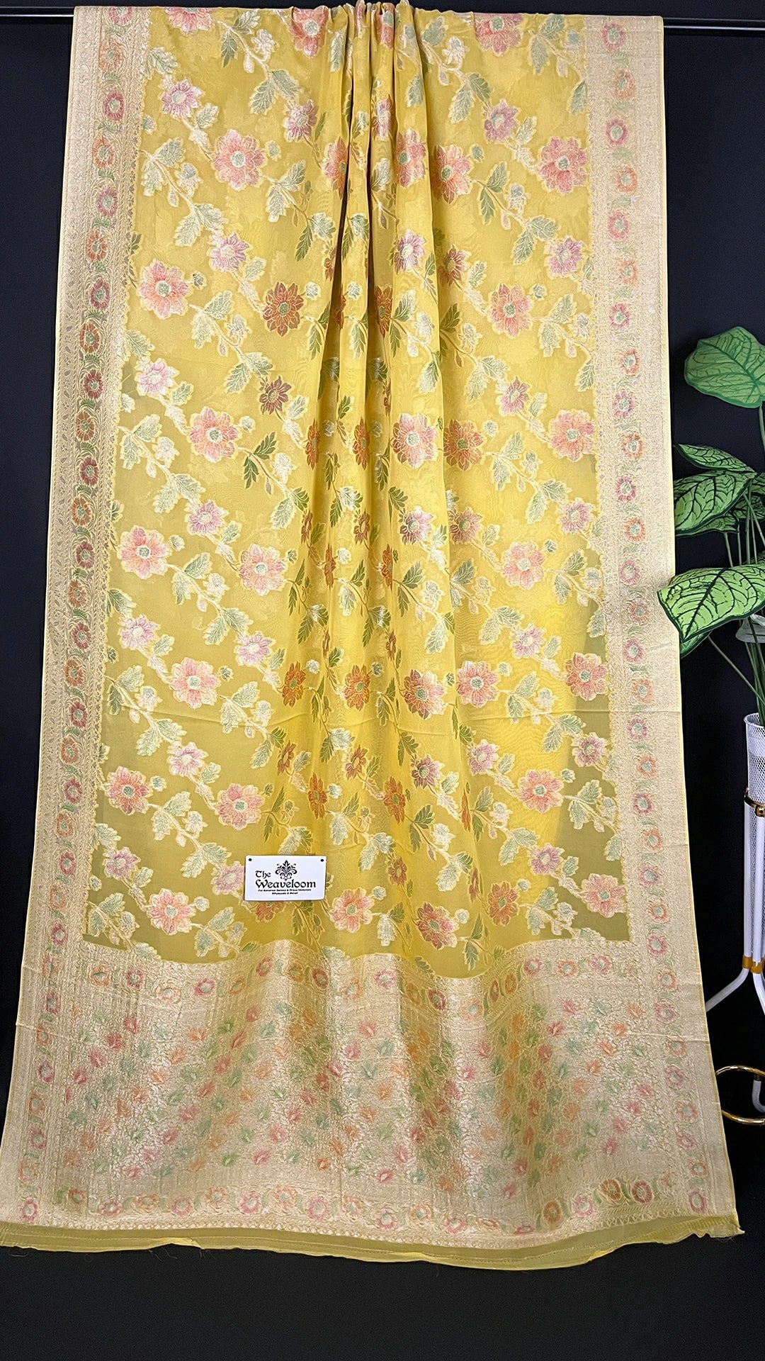 Yellow Pure Viscose Georgette Saree with Handbrush Work by The Weaveloom