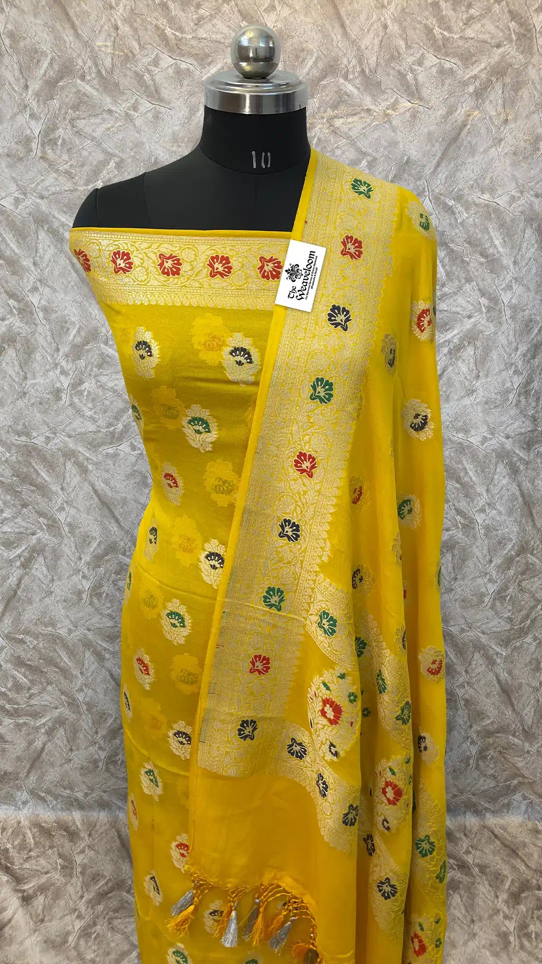 The Weaveloom yellow khaddi georgette dress material with Meenakari work and zari dupatta – unstitched salwar suit set