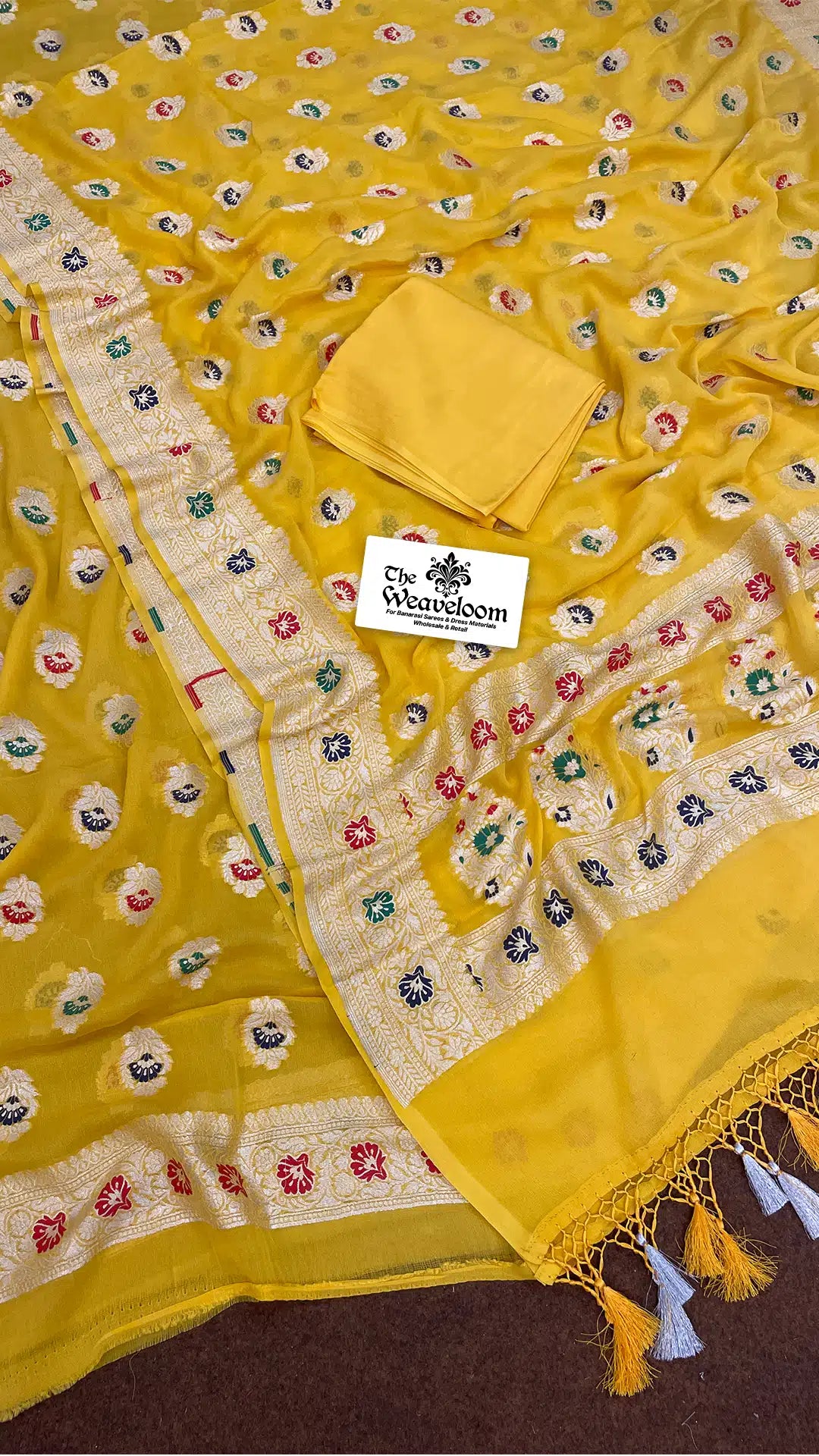The Weaveloom yellow khaddi georgette dress material with Meenakari work and zari dupatta – unstitched salwar suit set
