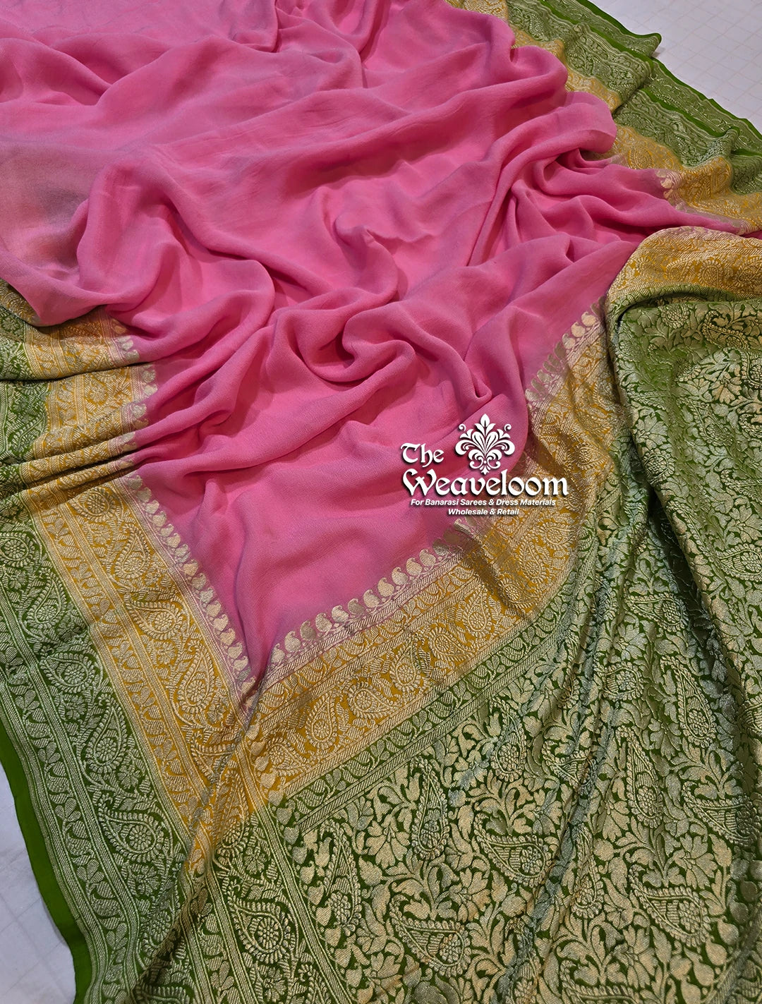Baby Pink 3D Khaddi Georgette Water Zari Pure Banarasi Saree - The Weaveloom