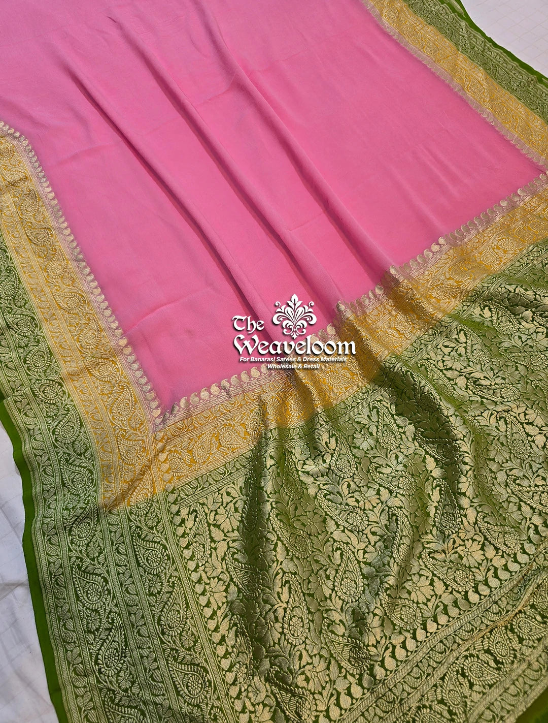 Baby Pink 3D Khaddi Georgette Water Zari Pure Banarasi Saree - The Weaveloom
