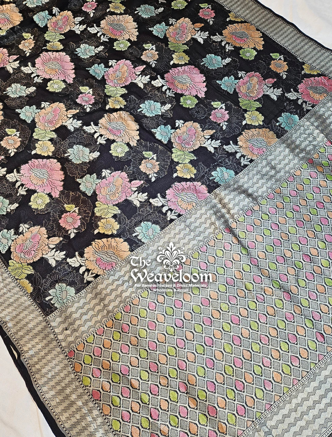 Black Khaddi Georgette Water Zari Pure Banarasi Saree - Floral Design with Customizable Colors