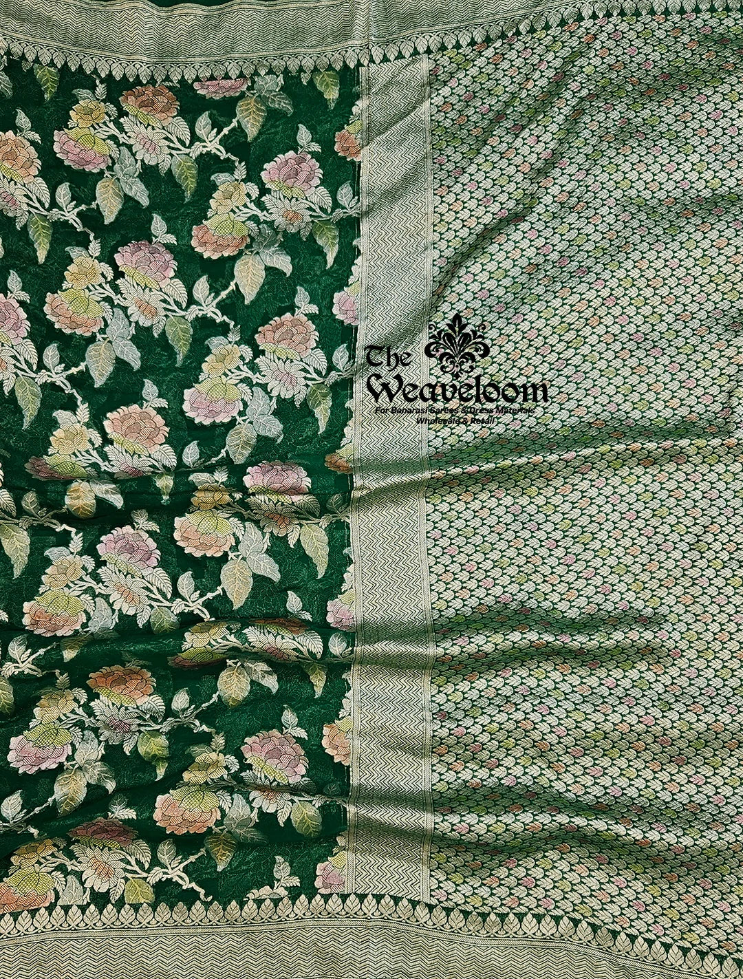Bottle Green Khaddi Georgette Water Zari Pure Banarasi Saree - 100% Color Customization Option Available