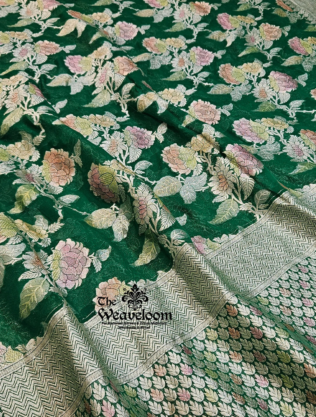 Bottle Green Khaddi Georgette Water Zari Pure Banarasi Saree - 100% Color Customization Option Available