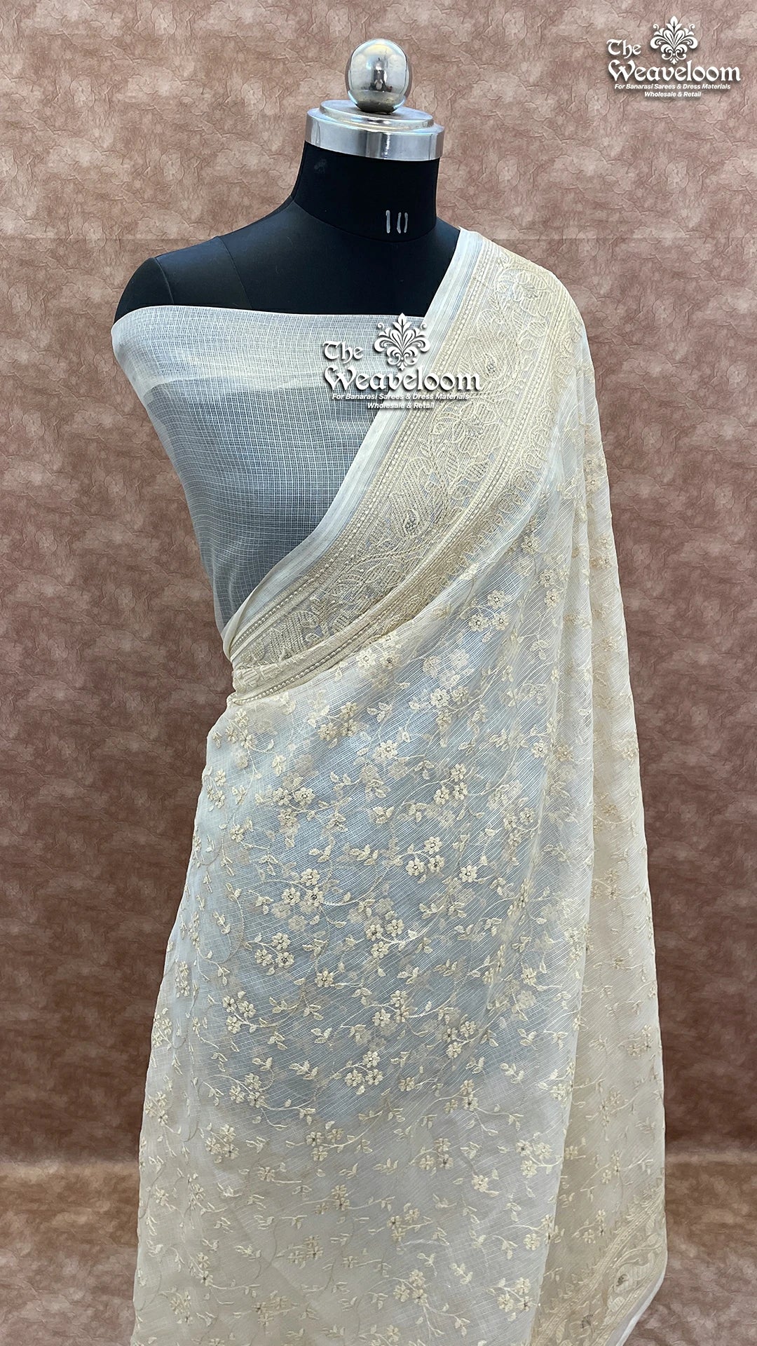 Cream Colour Kora Organza Silk Chikankari Banarasi Saree - The Weaveloom