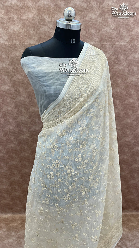 Cream Colour Kora Organza Silk Chikankari Banarasi Saree - The Weaveloom