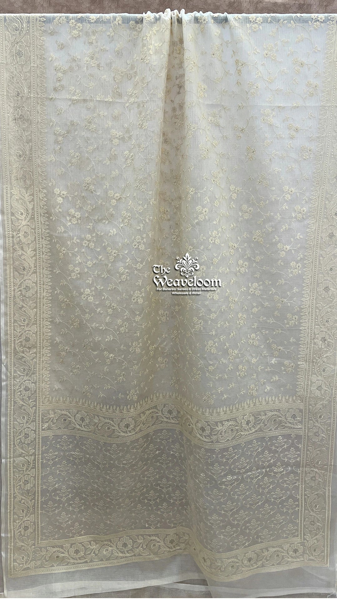 Cream Colour Kora Organza Silk Chikankari Banarasi Saree - The Weaveloom