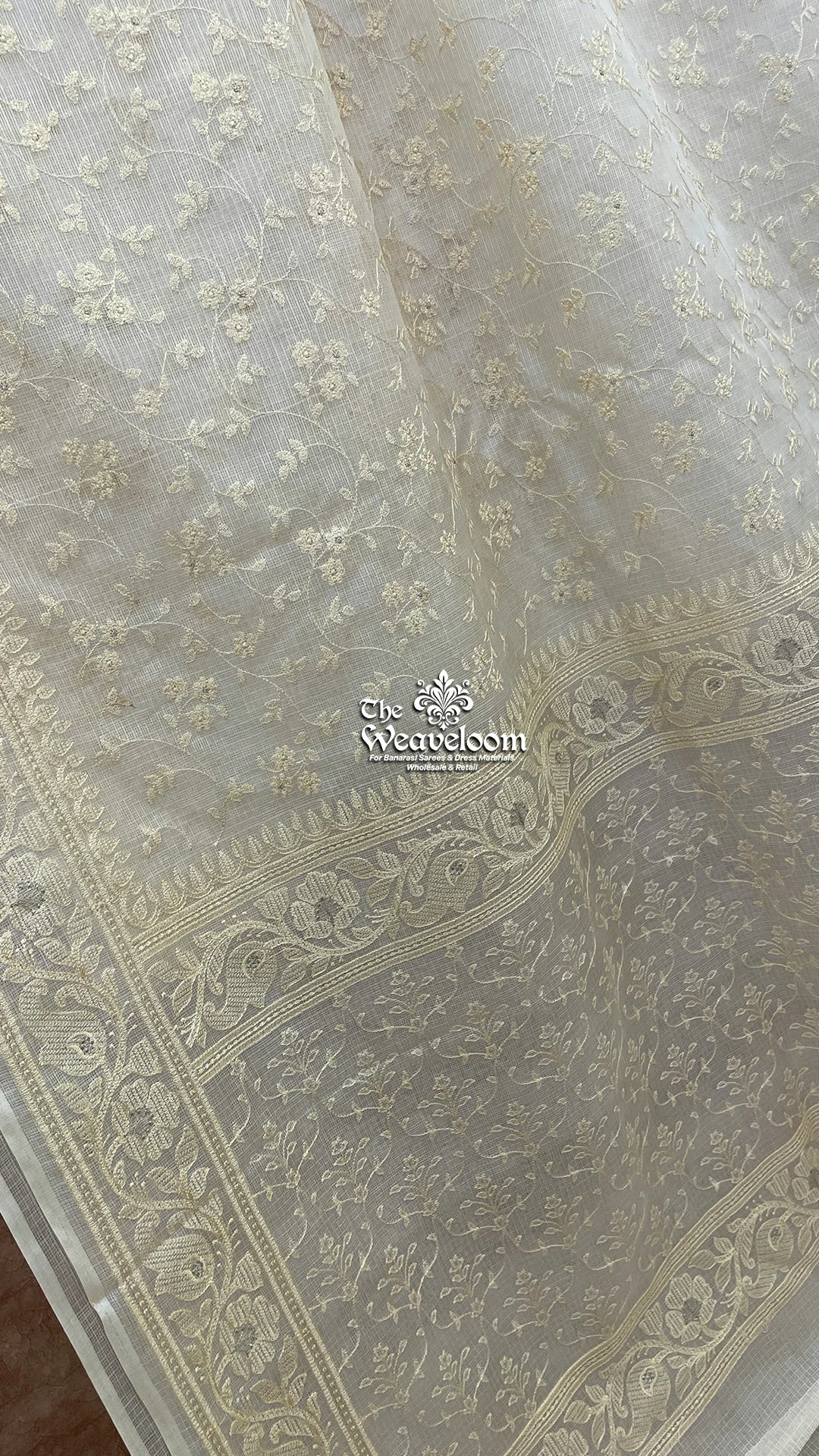 Cream Colour Kora Organza Silk Chikankari Banarasi Saree - The Weaveloom