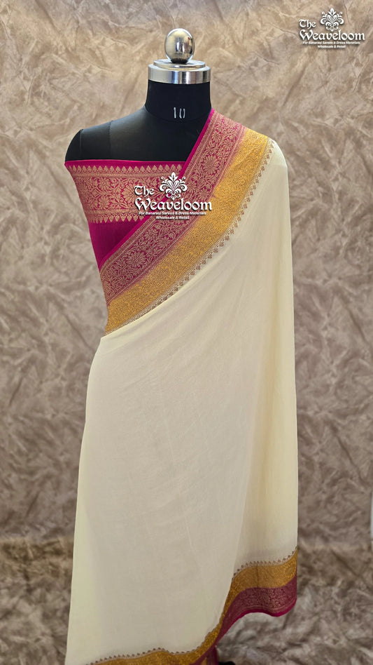 Cream Khaddi Georgette Pure Banarasi Saree with Antique Zari by The Weaveloom