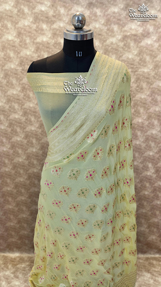 Cream Khaddi Georgette Pure Banarasi Saree with Meenakari by The Weaveloom
