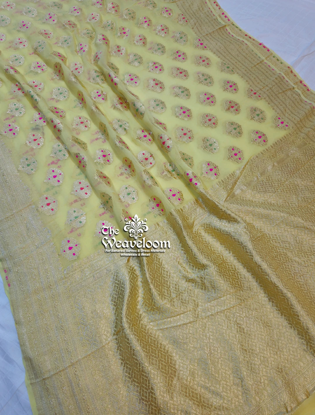 Cream Khaddi Georgette Pure Banarasi Saree with Meenakari by The Weaveloom