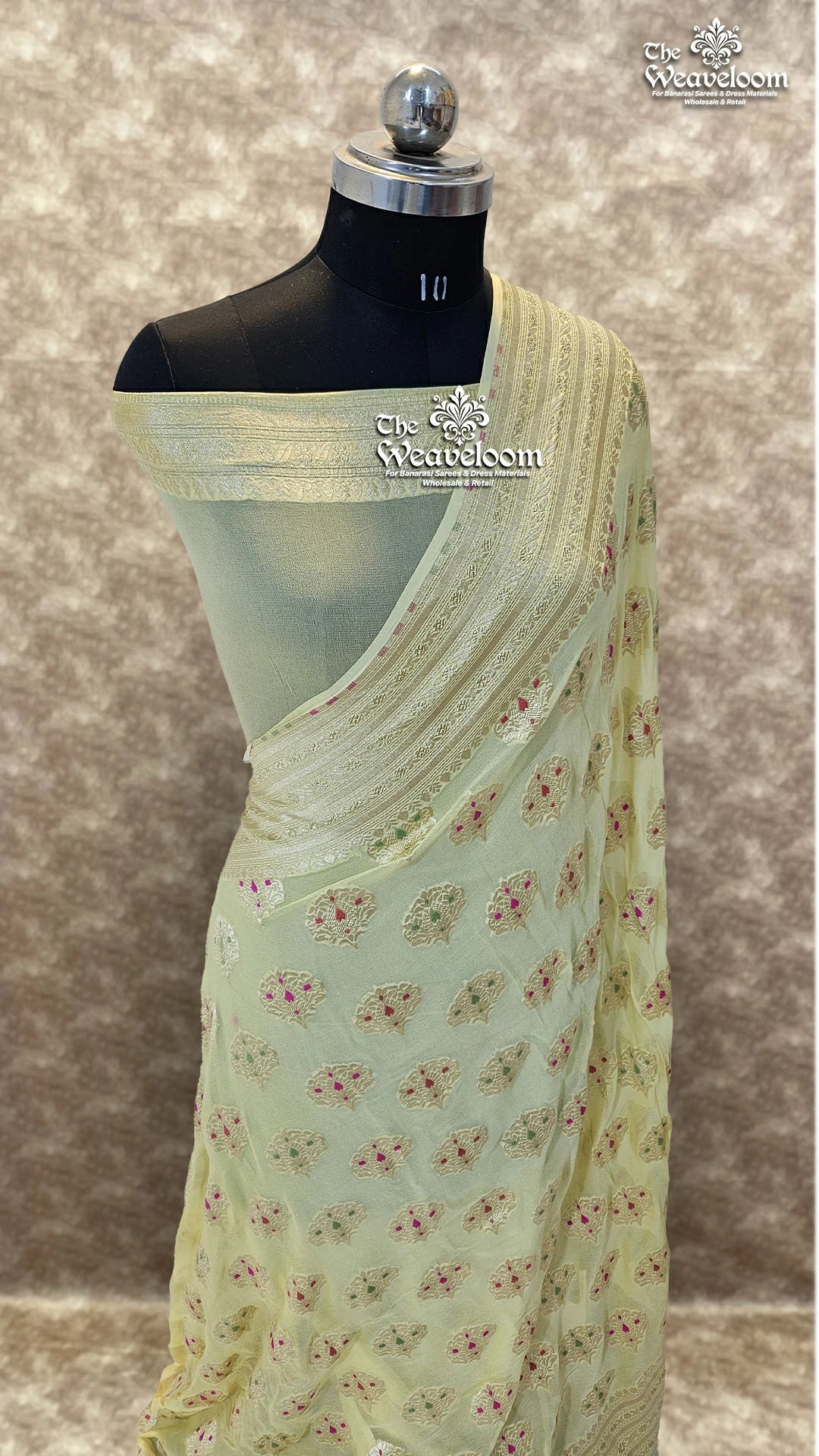 Cream Khaddi Georgette Pure Banarasi Saree with Meenakari by The Weaveloom