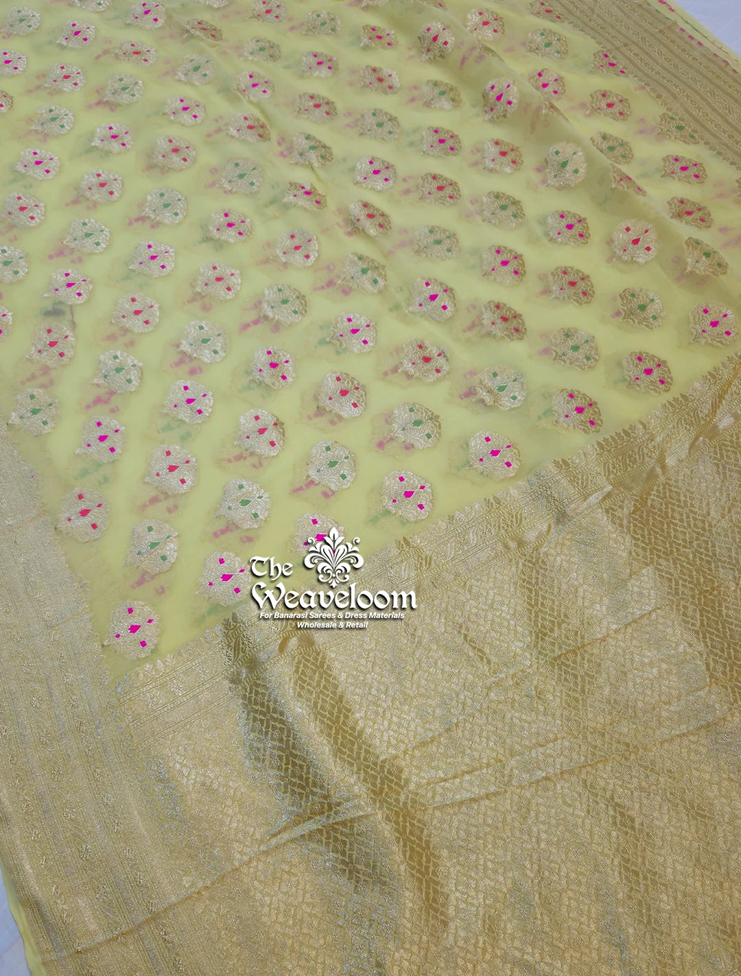 Cream Khaddi Georgette Pure Banarasi Saree with Meenakari by The Weaveloom
